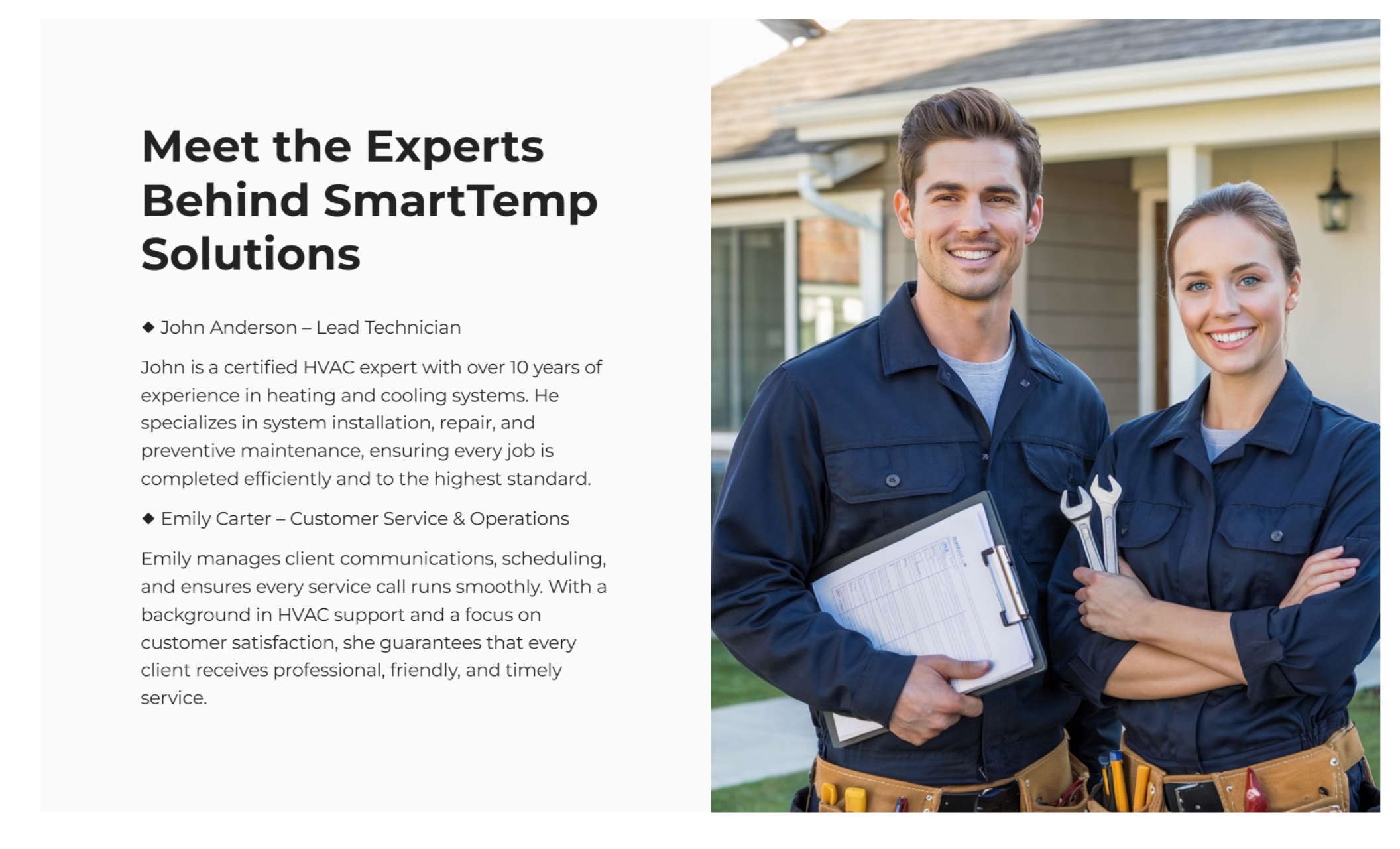 SmartTemp Solutions team page showing two smiling technicians in navy uniforms holding tools and a clipboard, beside text introducing John Anderson (Lead Technician) and Emily Carter (Customer Service & Operations)