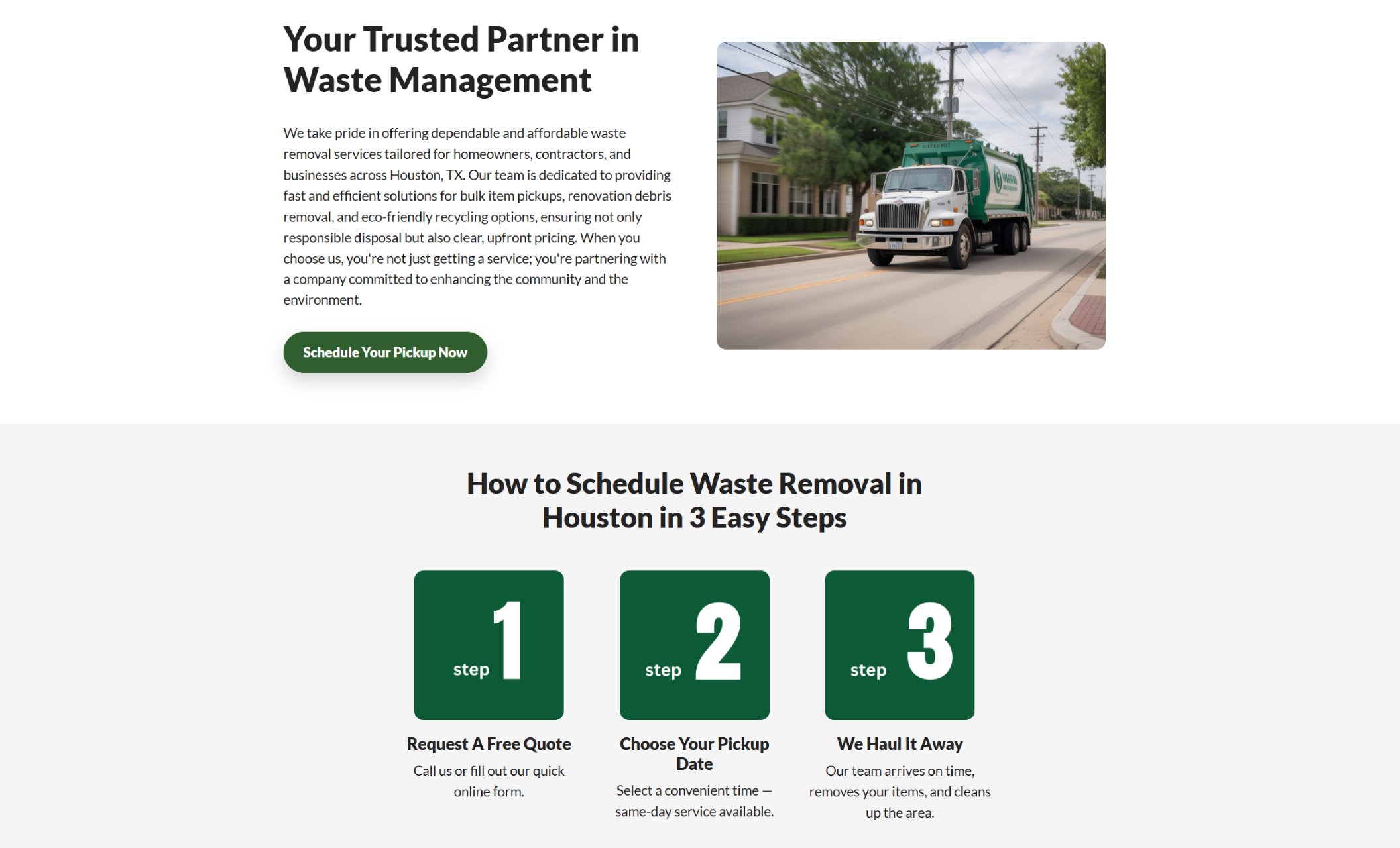 Smith Waste Solutions website section titled “How to Schedule Waste Removal in Houston in 3 Easy Steps,” featuring step cards labeled Request a Free Quote, Choose Your Pickup Date, and We Haul It Away