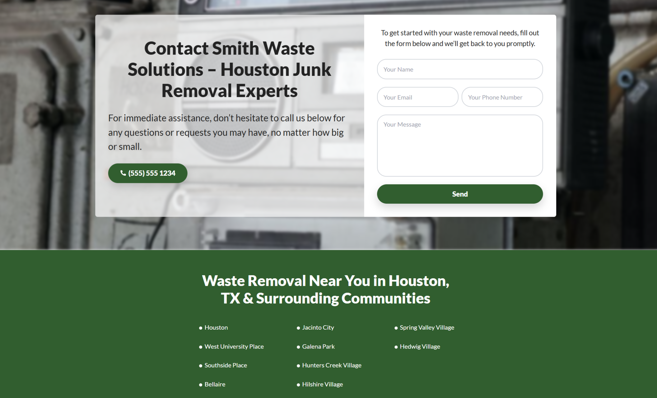 Smith Waste Solutions website contact section titled “Contact Smith Waste Solutions – Houston Junk Removal Experts,” displaying a phone call button and contact form for name, email, phone number, and message