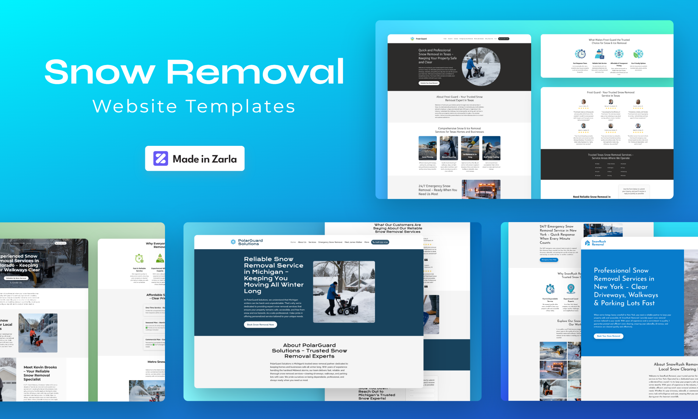 Collection of snow removal website templates created with Zarla