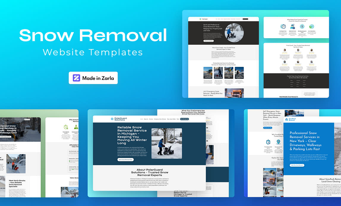 Collection of snow removal website templates created with Zarla
