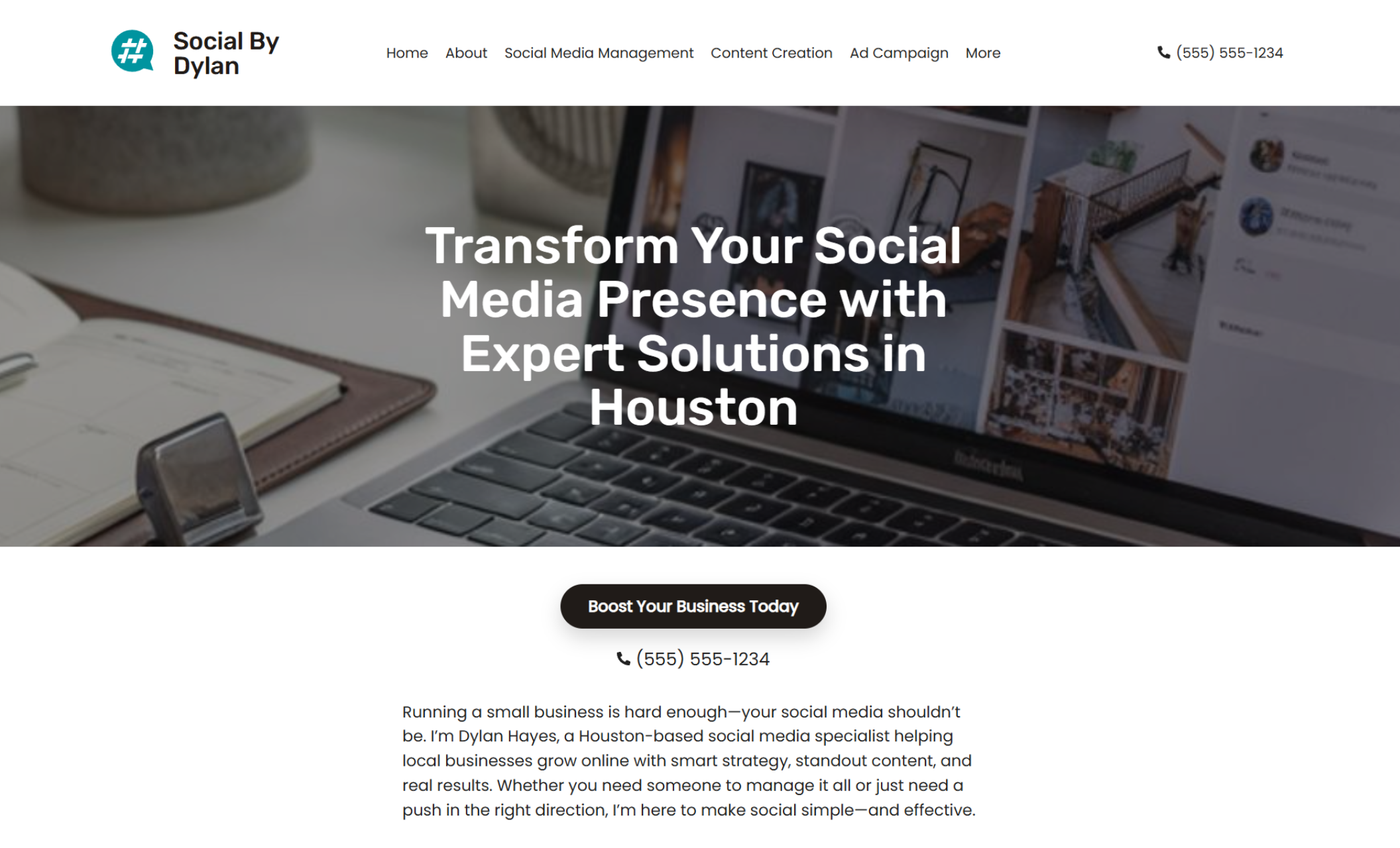 Homepage for Social By Dylan with the headline “Transform Your Social Media Presence with Expert Solutions in Houston” overlayed on a photo of a laptop and planner, and a black button labeled “Boost Your Business Today.”