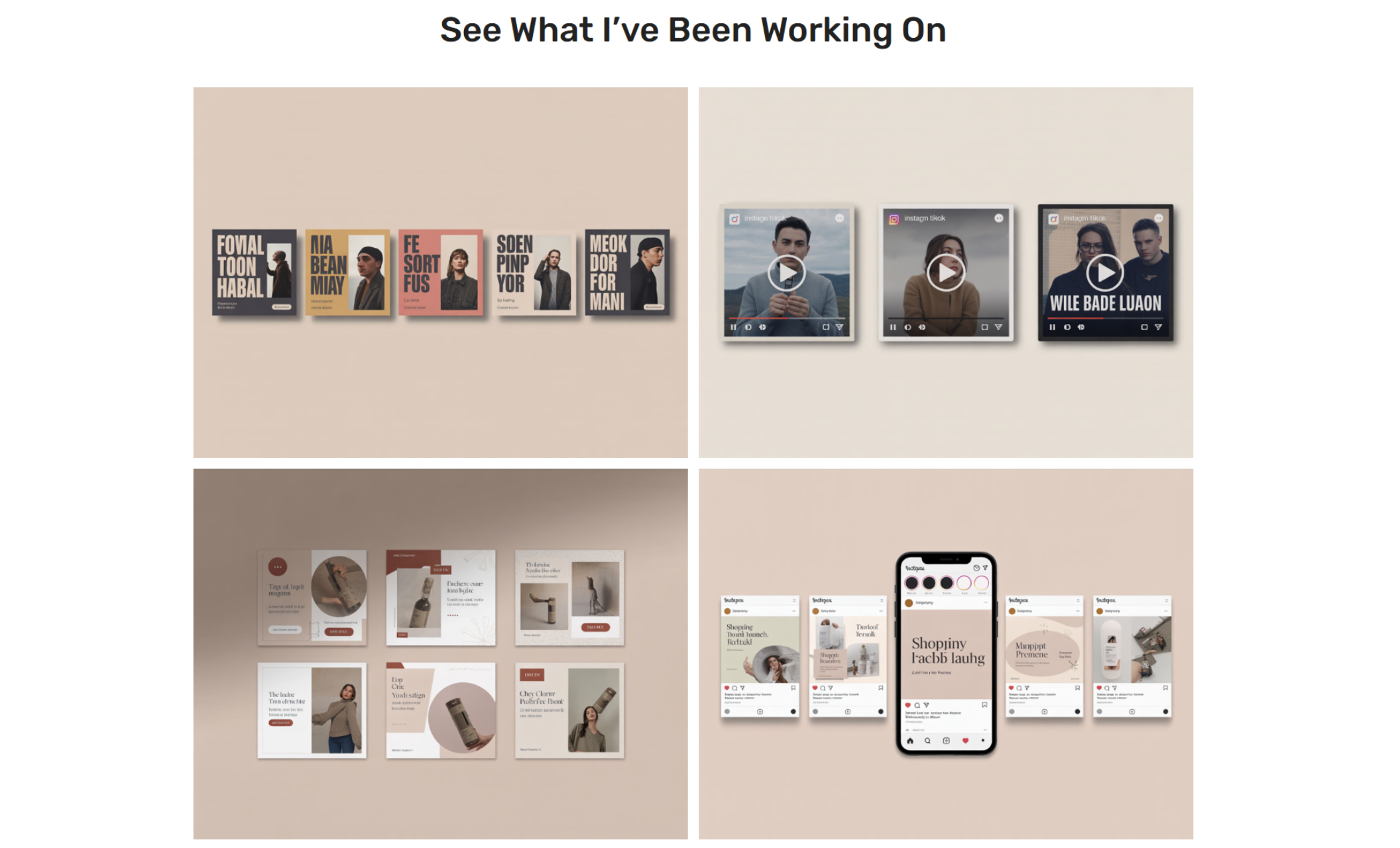 Portfolio-style section with a 4-part beige layout showcasing social post designs, brand visuals, and mobile previews titled “See What I’ve Been Working On,” highlighting Dylan’s design capabilities