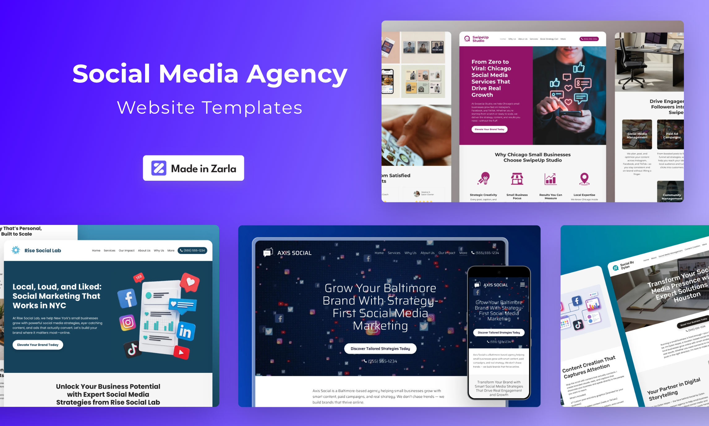 Collection of social media agency website templates created with Zarla