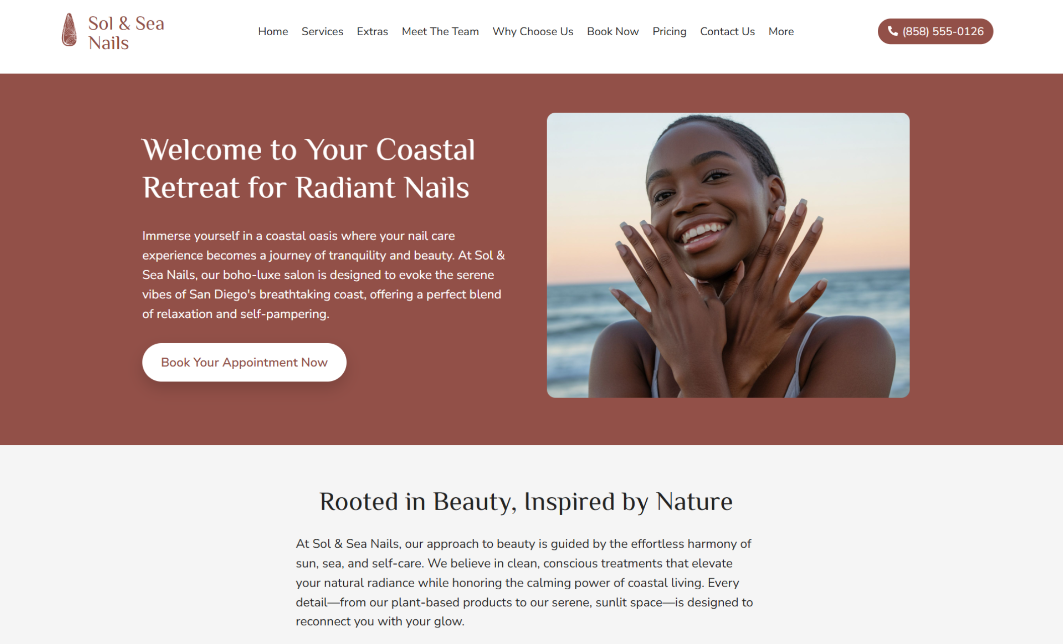 Sol & Sea Nails homepage featuring a smiling woman showing off glossy manicured nails by the ocean beside the headline “Welcome to Your Coastal Retreat for Radiant Nails” with a white booking button