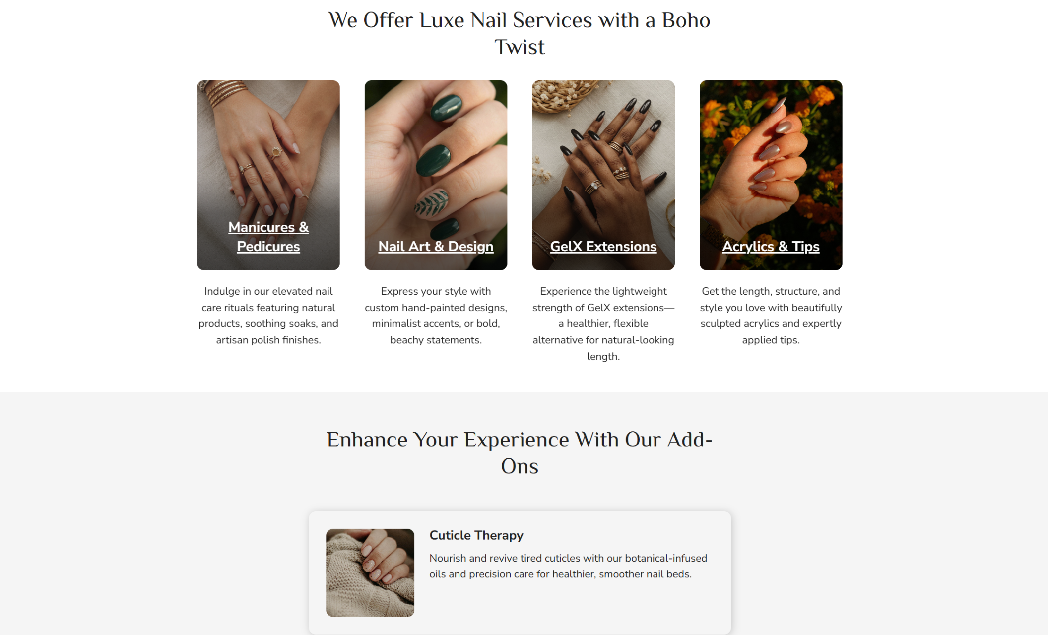 “Meet the Artists Behind Sol & Sea Nails” section with circular portraits of Jamie L. and Sierra L., along with bios highlighting their experience in nail artistry and holistic wellness