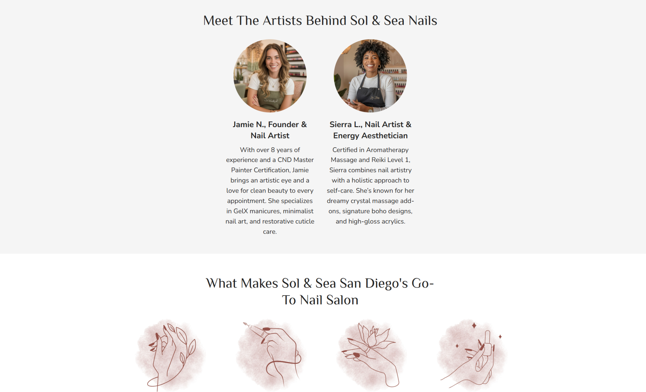 Services section showing four nail options—Manicures & Pedicures, Nail Art & Design, GelX Extensions, and Acrylics & Tips—each with an image of hands showcasing a different polish style and texture