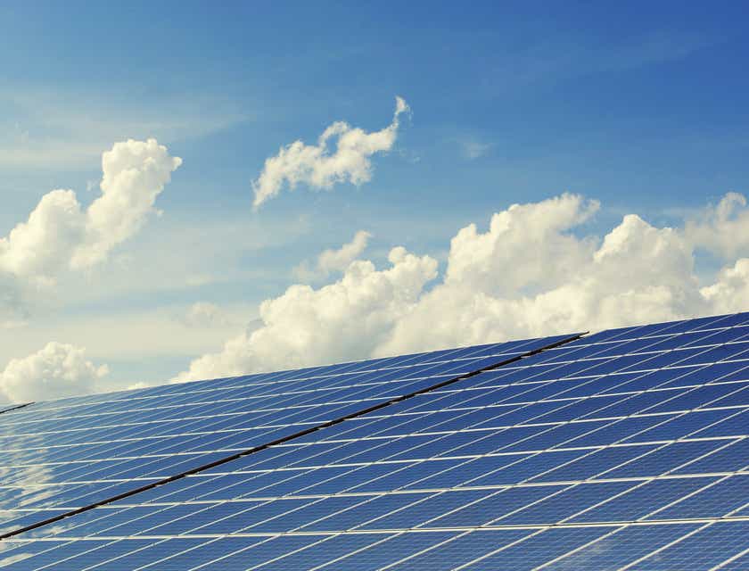Una hilera de grandes paneles solares generando energía solar.