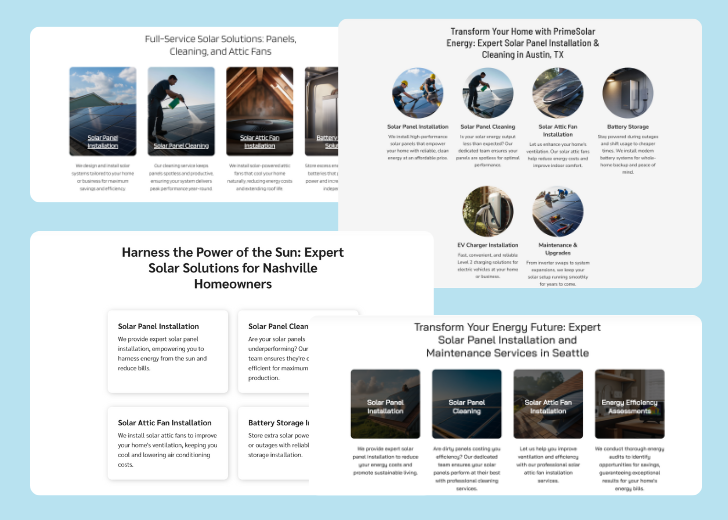 A collage of services section generated by Zarla showing different styles of service items, all having a picture, a title, and a brief description
