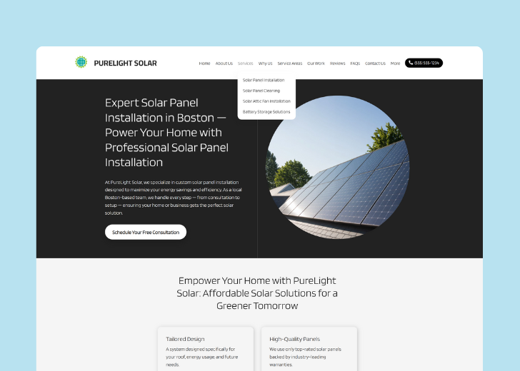 Spotless Touch landing page of a specific service titled 'Post Construction Cleaning' with a contact form on the side