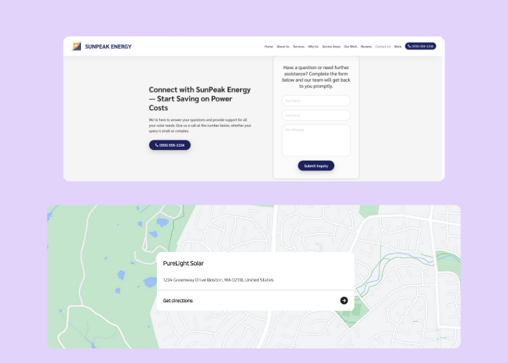 A screenshot of a header with navigation pills with contact number, a blue-colored primary button with contact number, and a 2D depiction of a map with a business address in the center