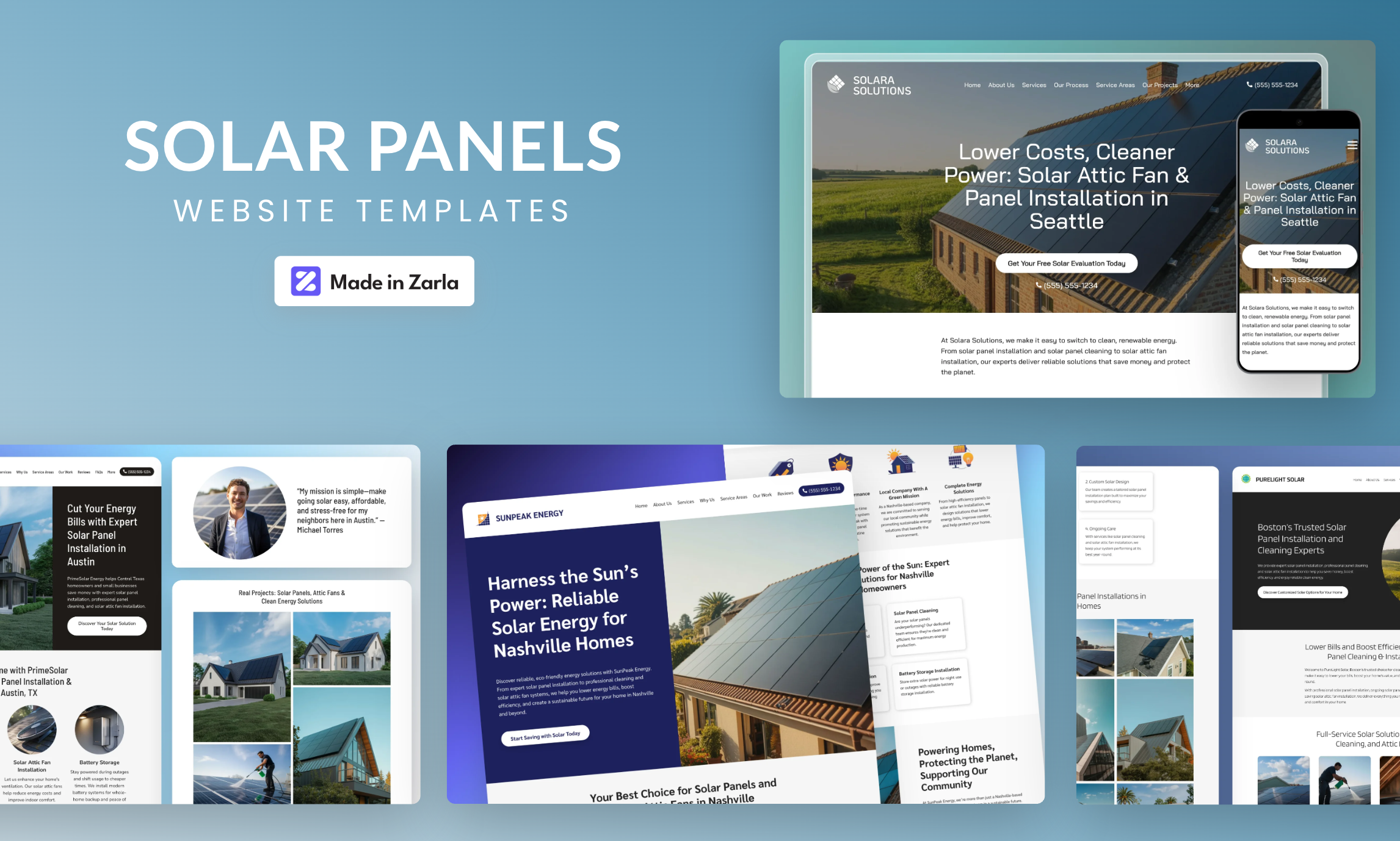 Collection of solar panel website templates created with Zarla