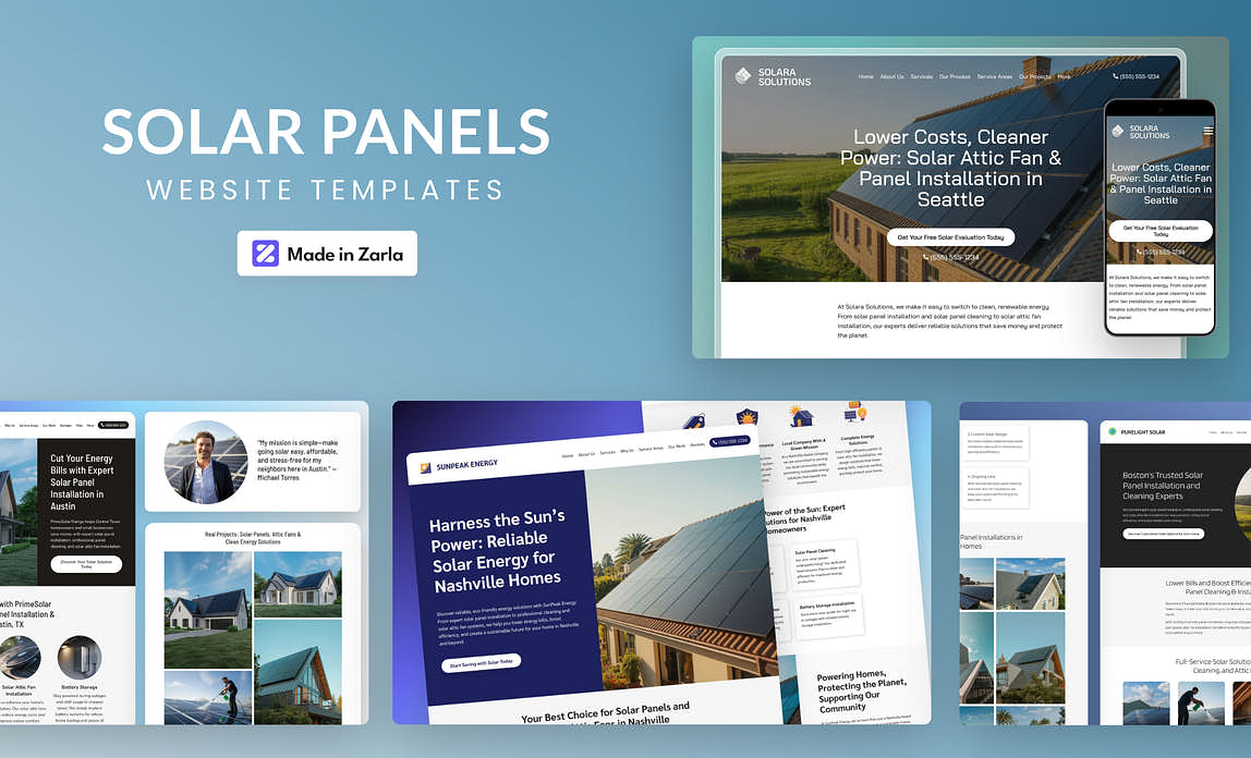 Collection of solar panel website templates created with Zarla