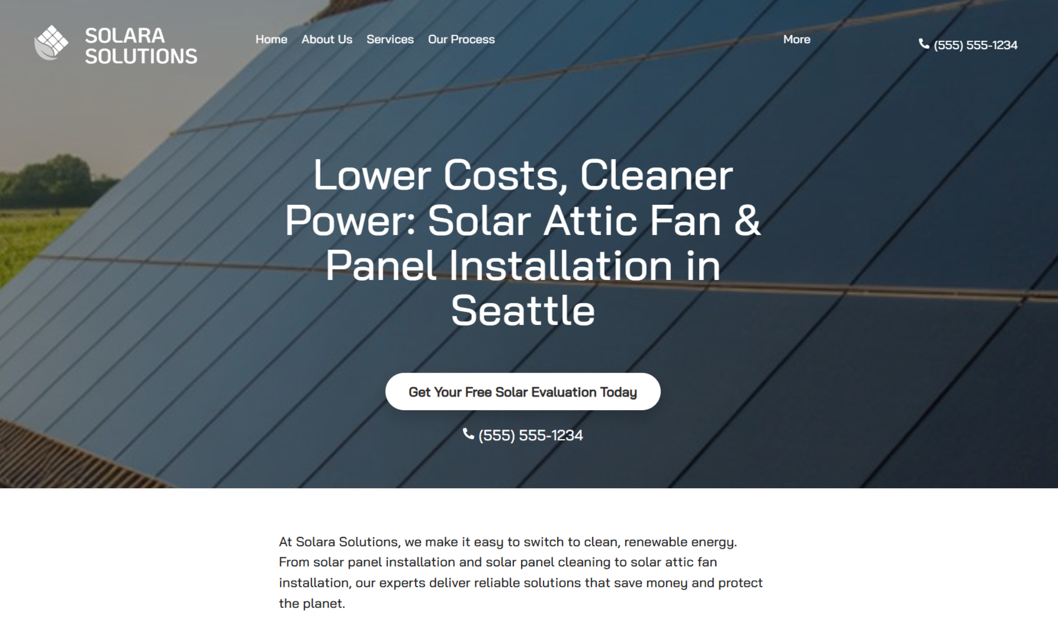 Solara Solutions homepage featuring a close-up of solar panels with the headline “Lower Costs, Cleaner Power: Solar Attic Fan & Panel Installation in Seattle” and a white button that says “Get Your Free Solar Evaluation Today.”