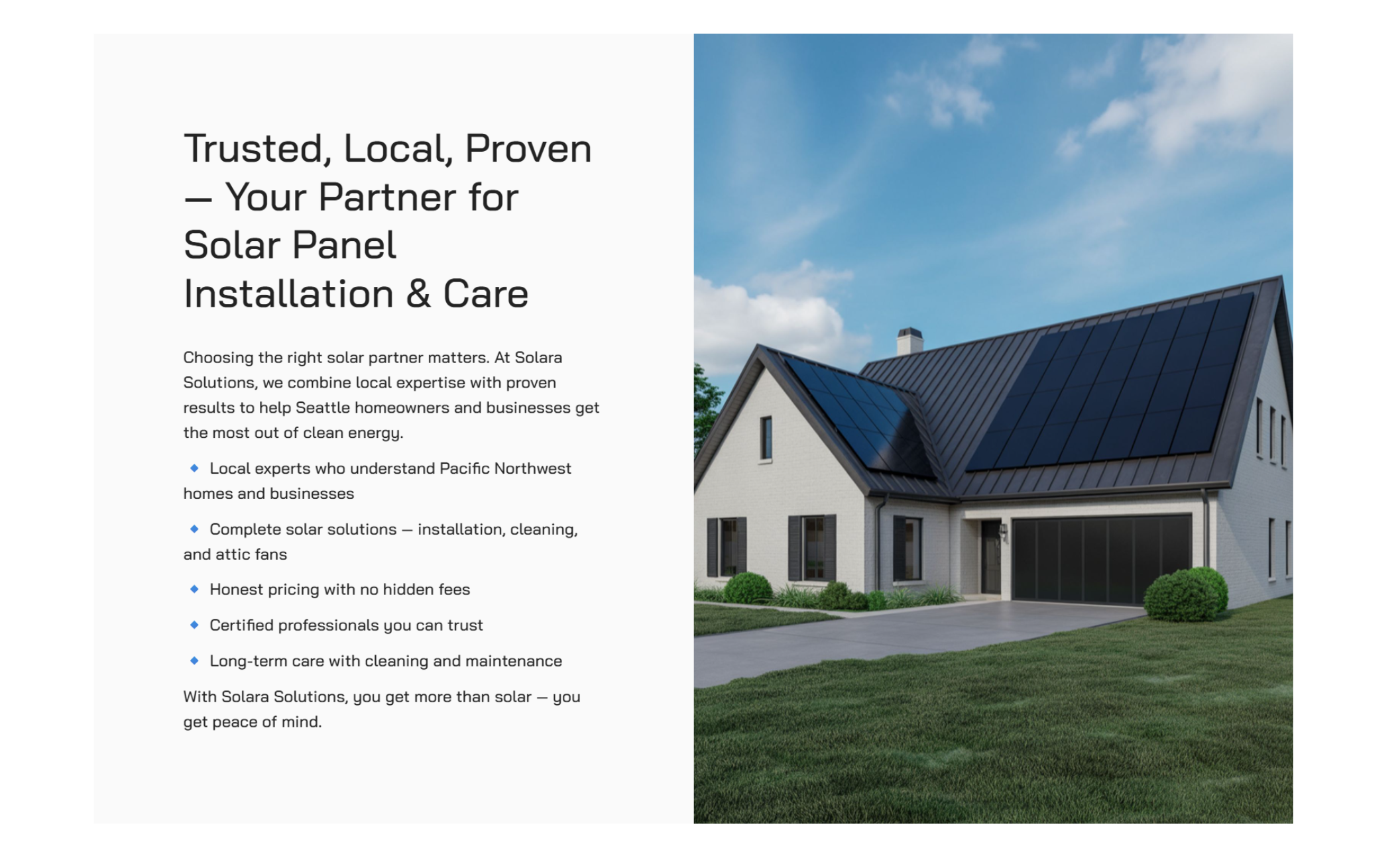 Solara Solutions webpage section titled “Trusted, Local, Proven — Your Partner for Solar Panel Installation & Care,” with bullet points listing expertise, services, and pricing, beside an image of a white home with black solar panels on the roof