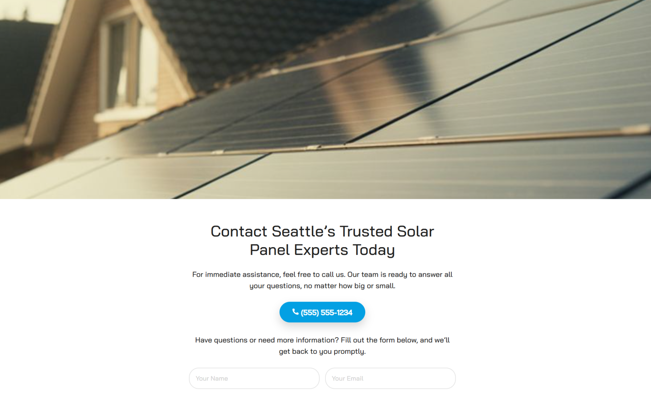 Solara Solutions webpage contact section with a close-up image of rooftop solar panels, the headline “Contact Seattle’s Trusted Solar Panel Experts Today,” a blue phone button, and a simple contact form