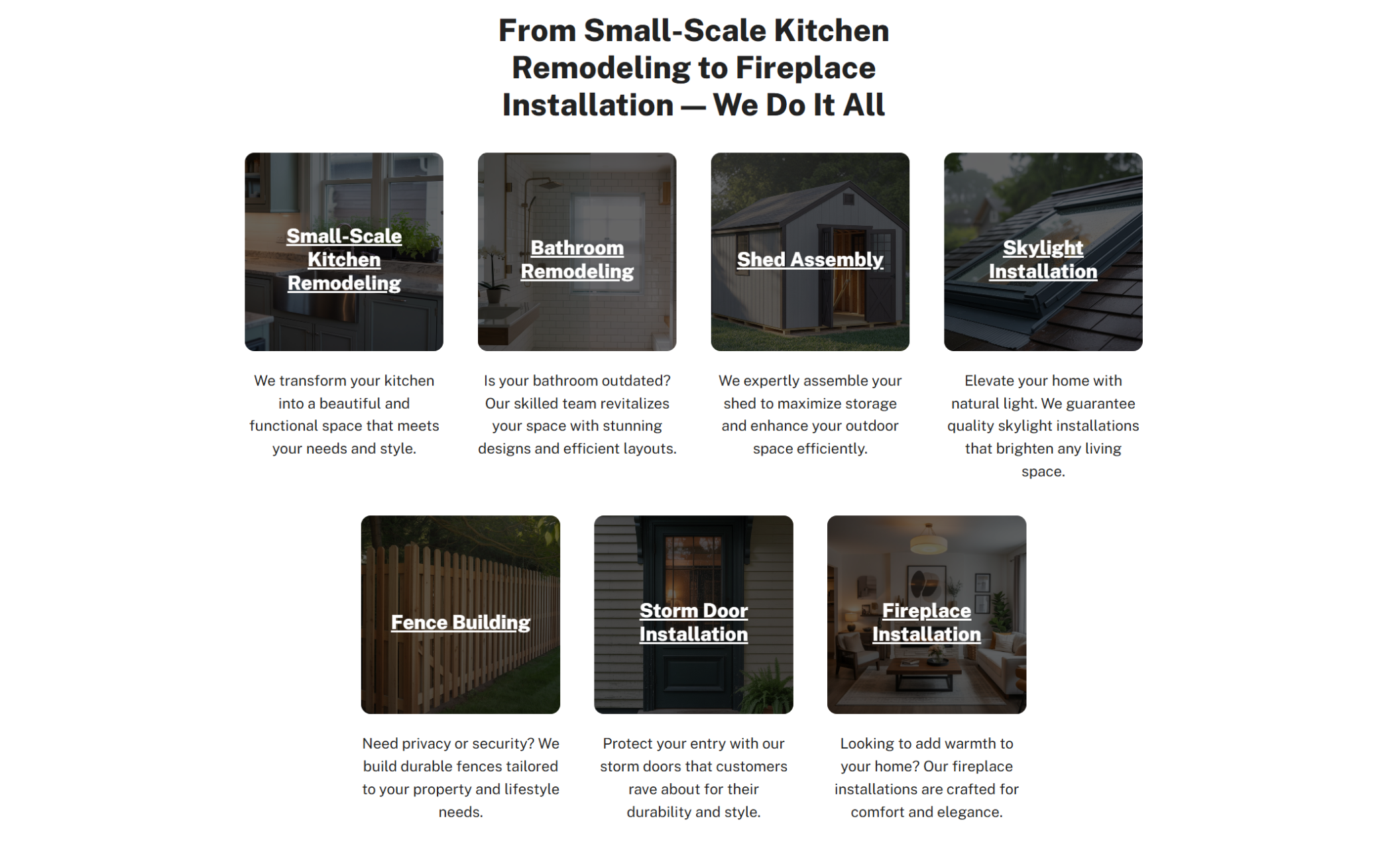 Solid Foundations Co. services section displaying seven dark-toned image cards with bold white titles such as “Small-Scale Kitchen Remodeling,” “Bathroom Remodeling,” “Shed Assembly,” and “Fireplace Installation,” under the headline “From Small-Scale Kitchen Remodeling to Fireplace Installation — We Do It All.”