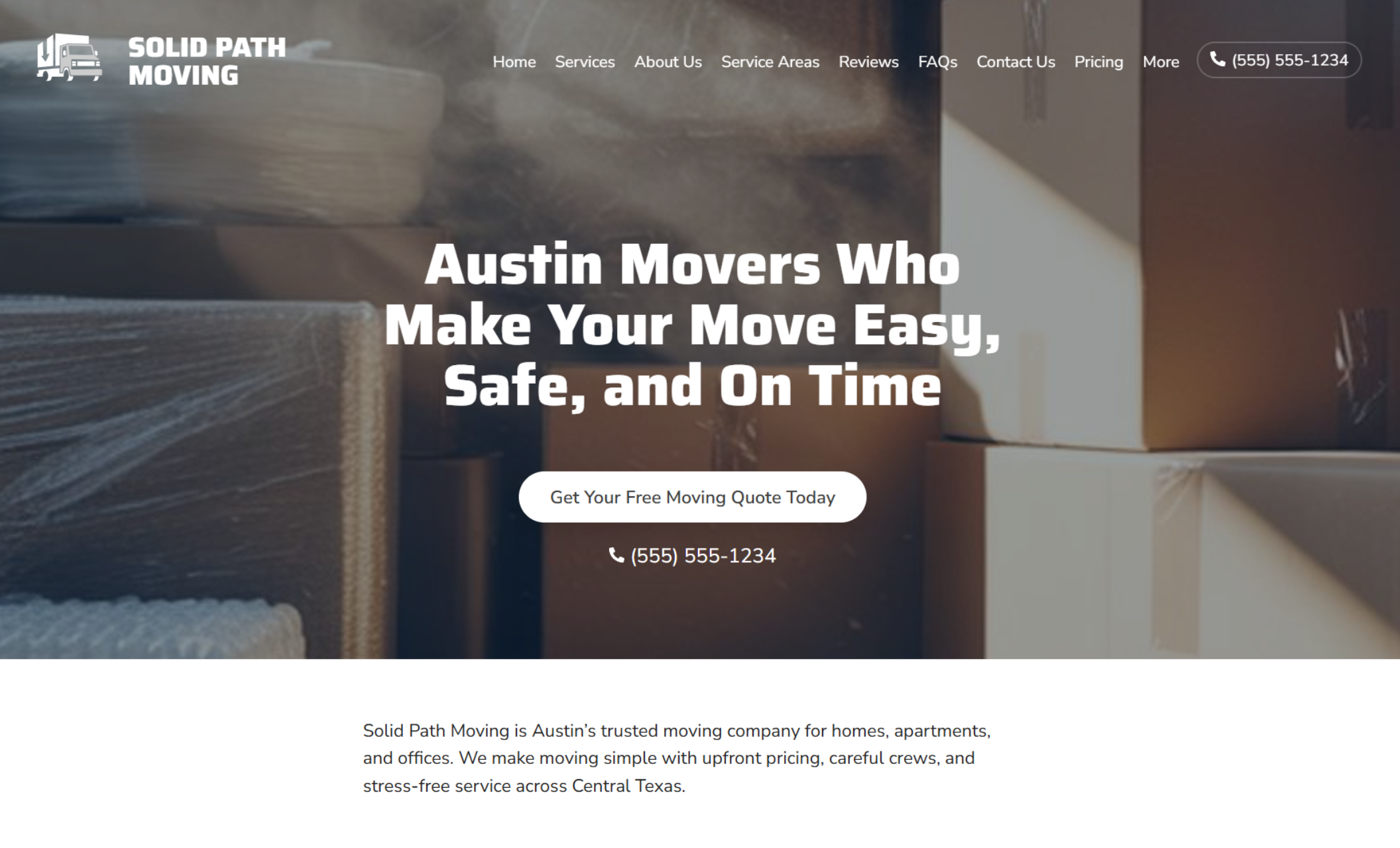 Solid Path Moving homepage hero section with stacked boxes wrapped in plastic, headline “Austin Movers Who Make Your Move Easy, Safe, and On Time,” and a prominent white button for free quotes