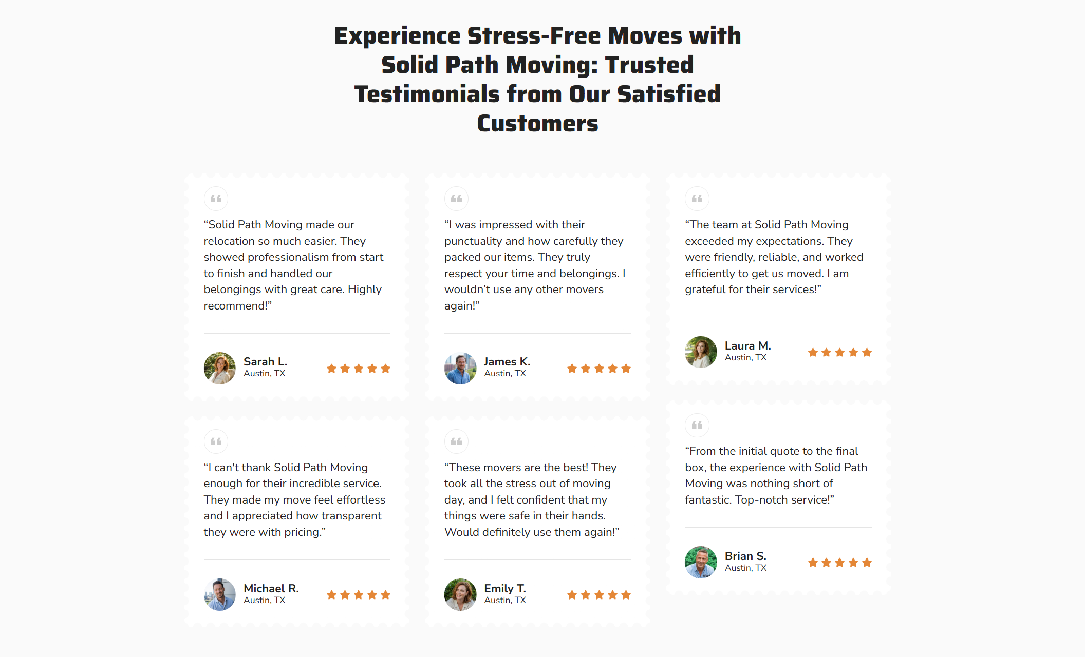 Solid Path Moving customer reviews section featuring six testimonials with profile photos, star ratings, and quotes praising the company’s professionalism, care, and stress-free moving experience