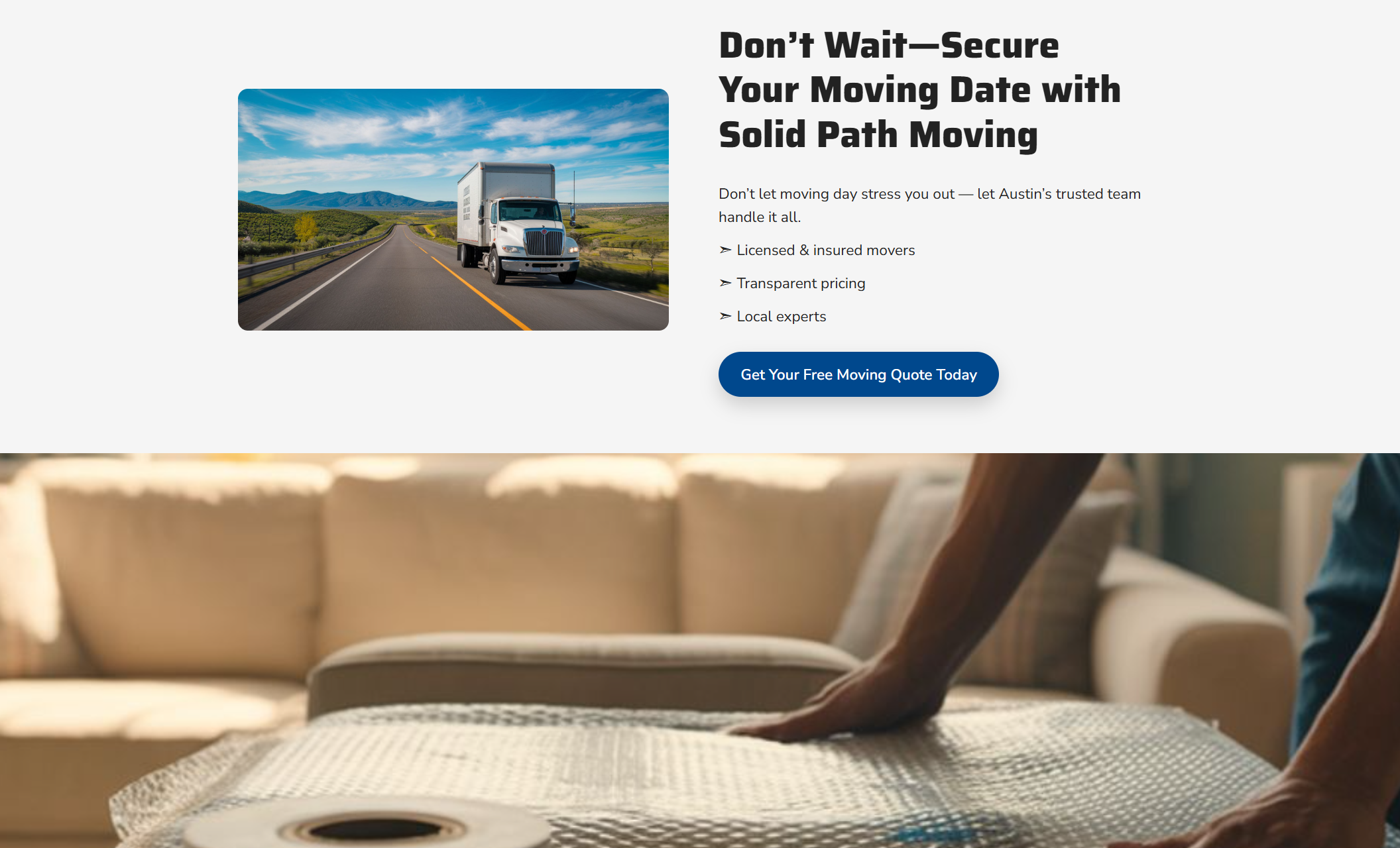 Solid Path Moving promotional section with a highway photo of a moving truck under blue skies, headline “Don’t Wait—Secure Your Moving Date with Solid Path Moving,” and a blue button for free quotes