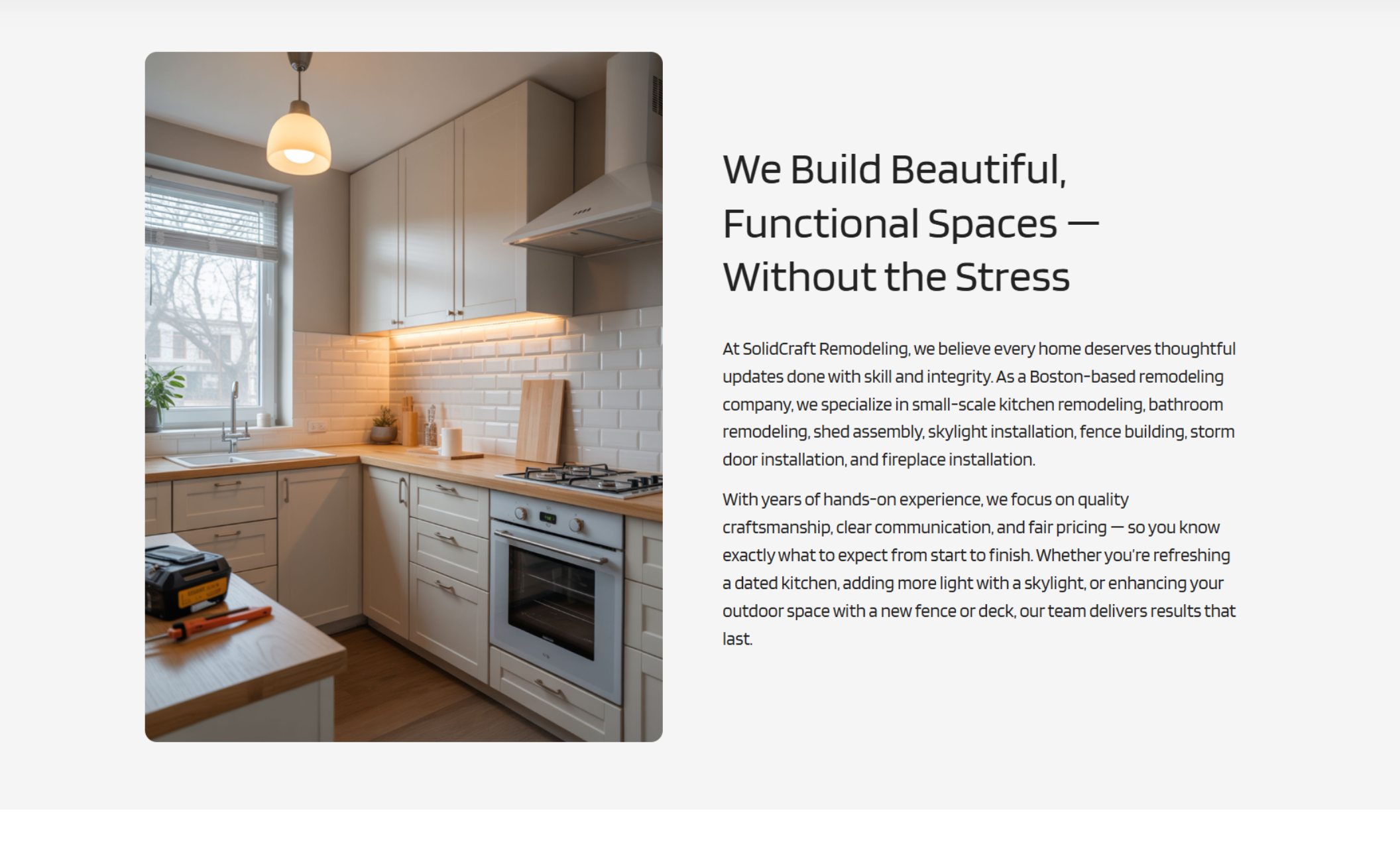 SolidCraft Remodeling about section featuring a warm-toned modern kitchen with white cabinetry and subway tiles beside the headline “We Build Beautiful, Functional Spaces — Without the Stress” and descriptive company text