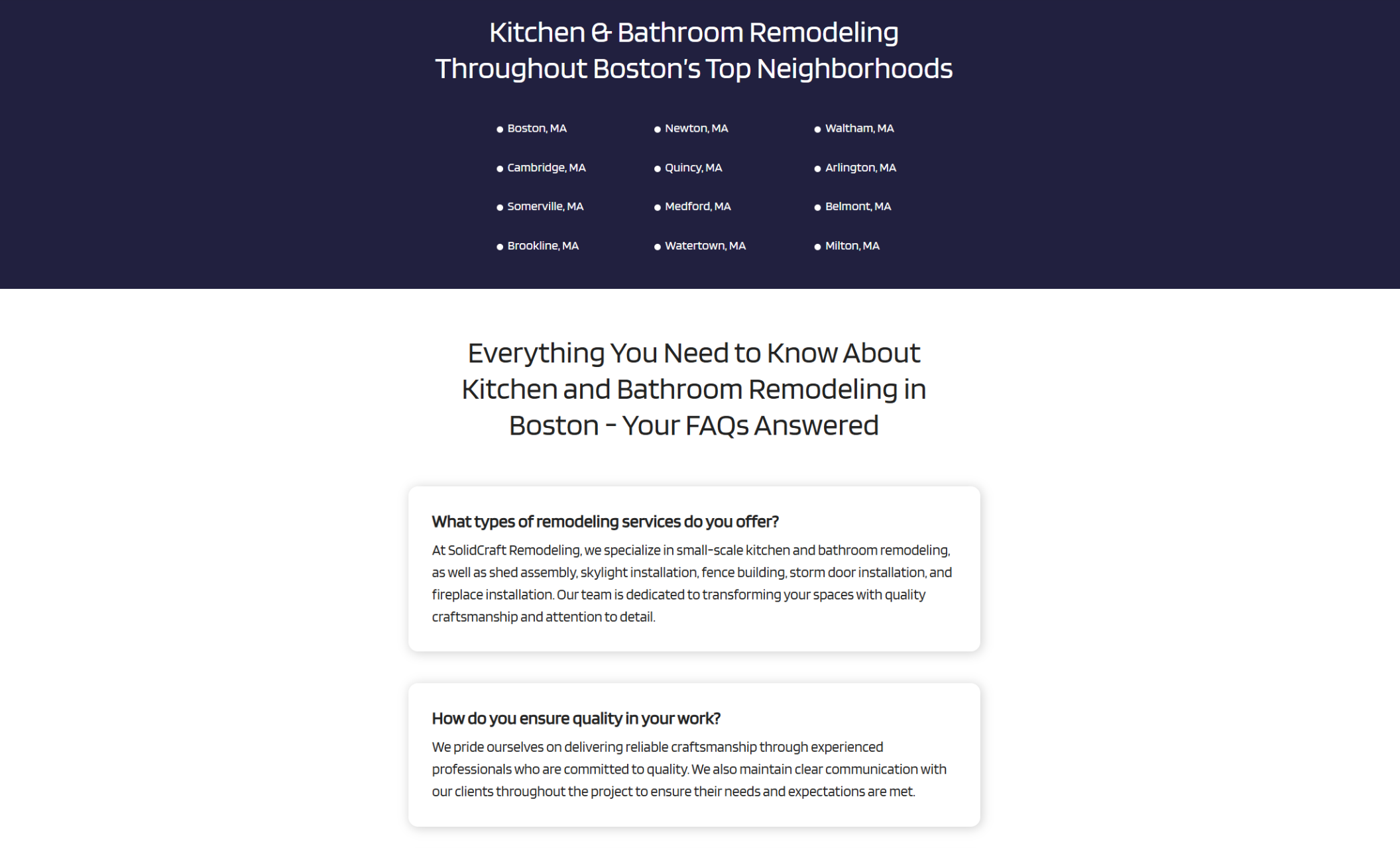SolidCraft Remodeling service areas section featuring a navy background with a list of Boston neighborhoods and a headline “Kitchen & Bathroom Remodeling Throughout Boston’s Top Neighborhoods” followed by white FAQ cards with remodeling answers