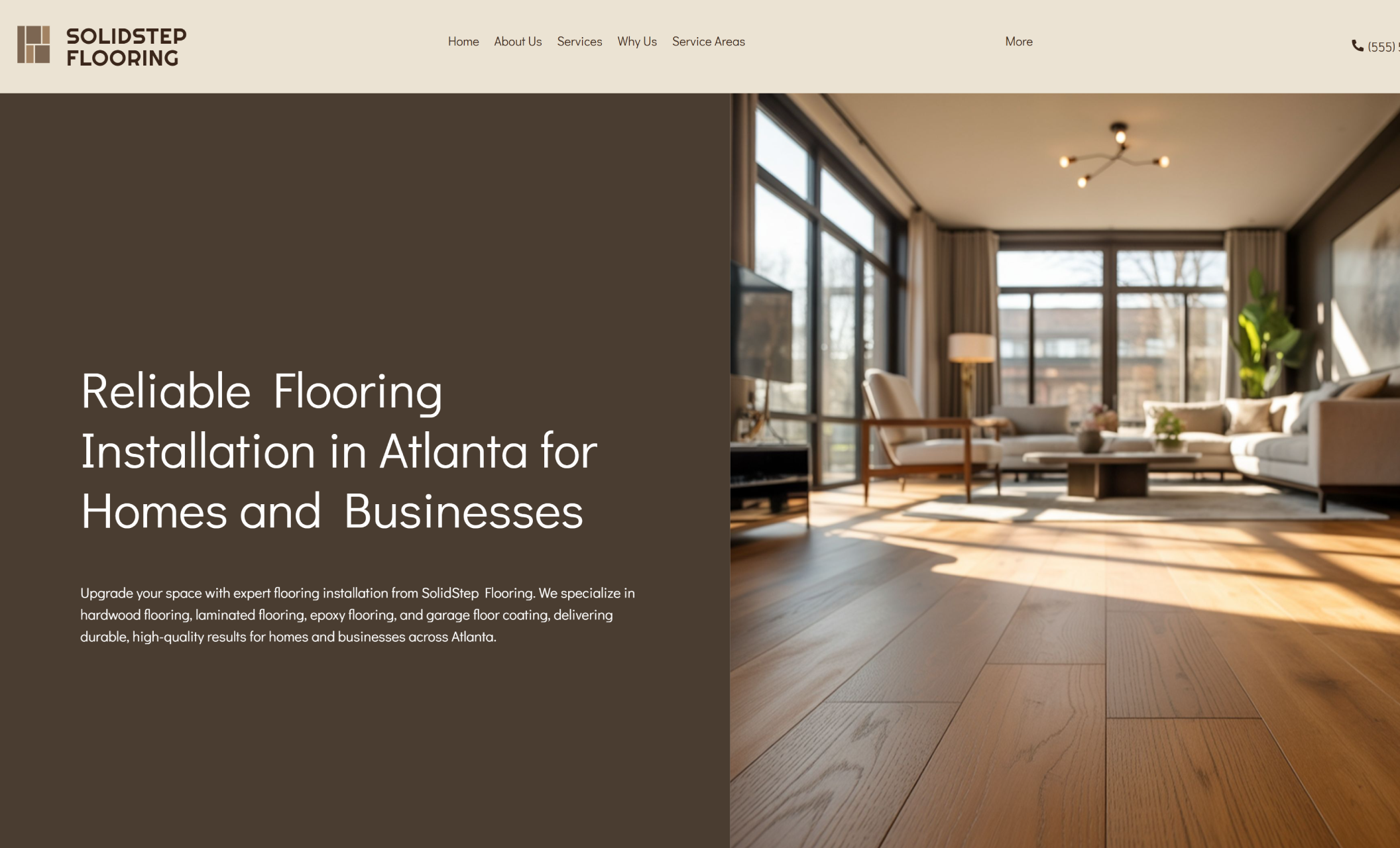 SolidStep Flooring homepage featuring a split layout with the headline “Reliable Flooring Installation in Atlanta for Homes and Businesses” beside a bright living room with hardwood floors