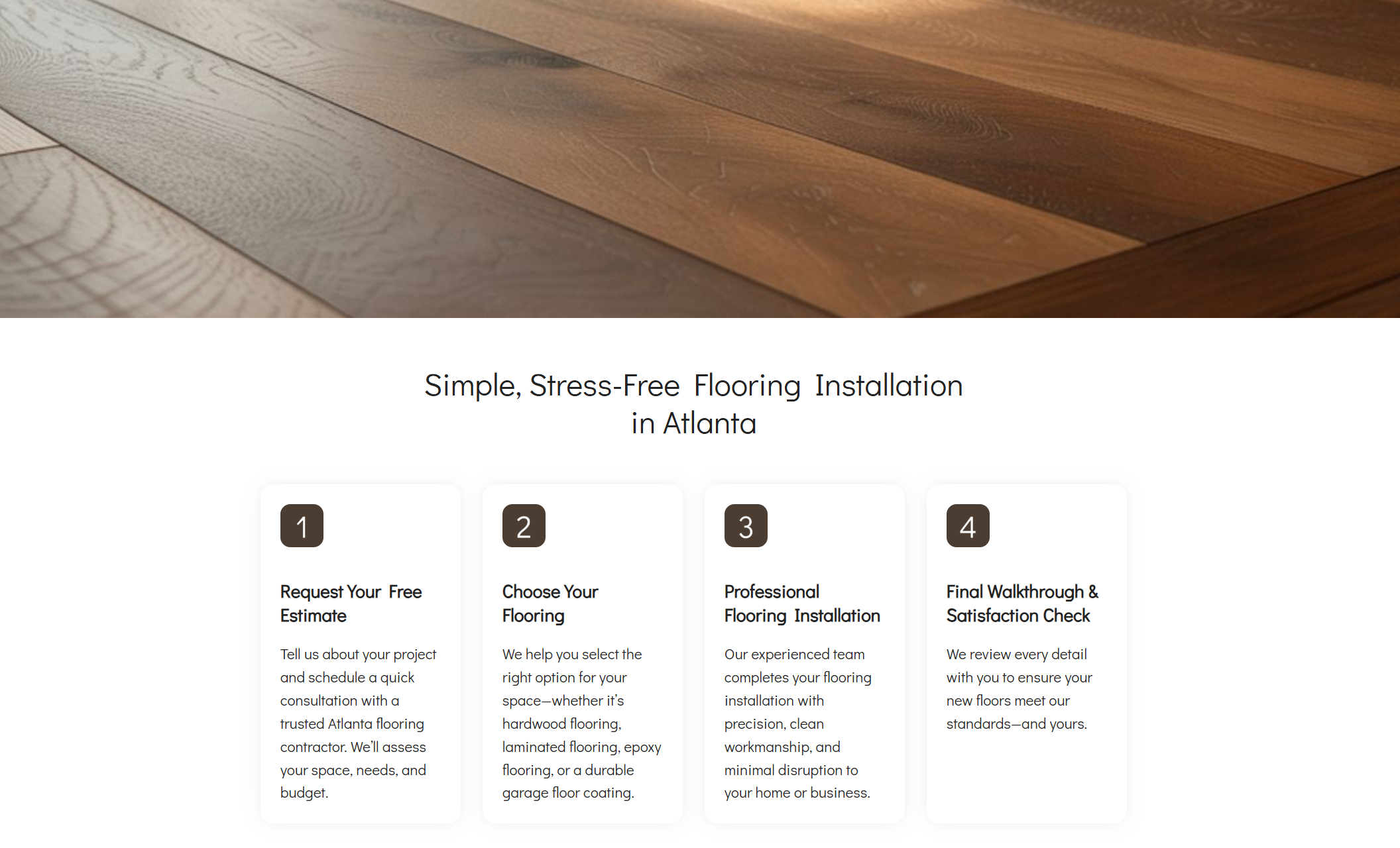 SolidStep Flooring process section titled “Simple, Stress-Free Flooring Installation in Atlanta,” featuring four steps: request estimate, choose flooring, installation, and final walkthrough