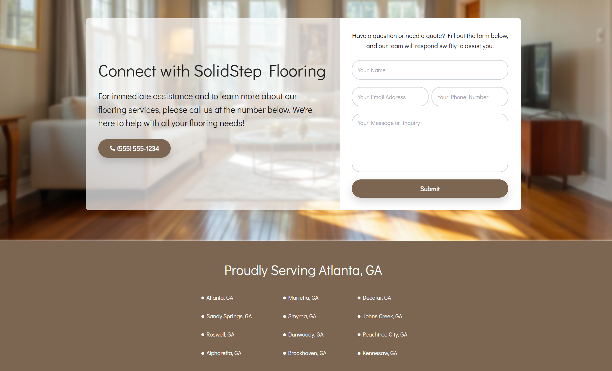 SolidStep Flooring contact section with the headline “Connect with SolidStep Flooring,” a phone button and inquiry form, above a service area list titled “Proudly Serving Atlanta, GA.”