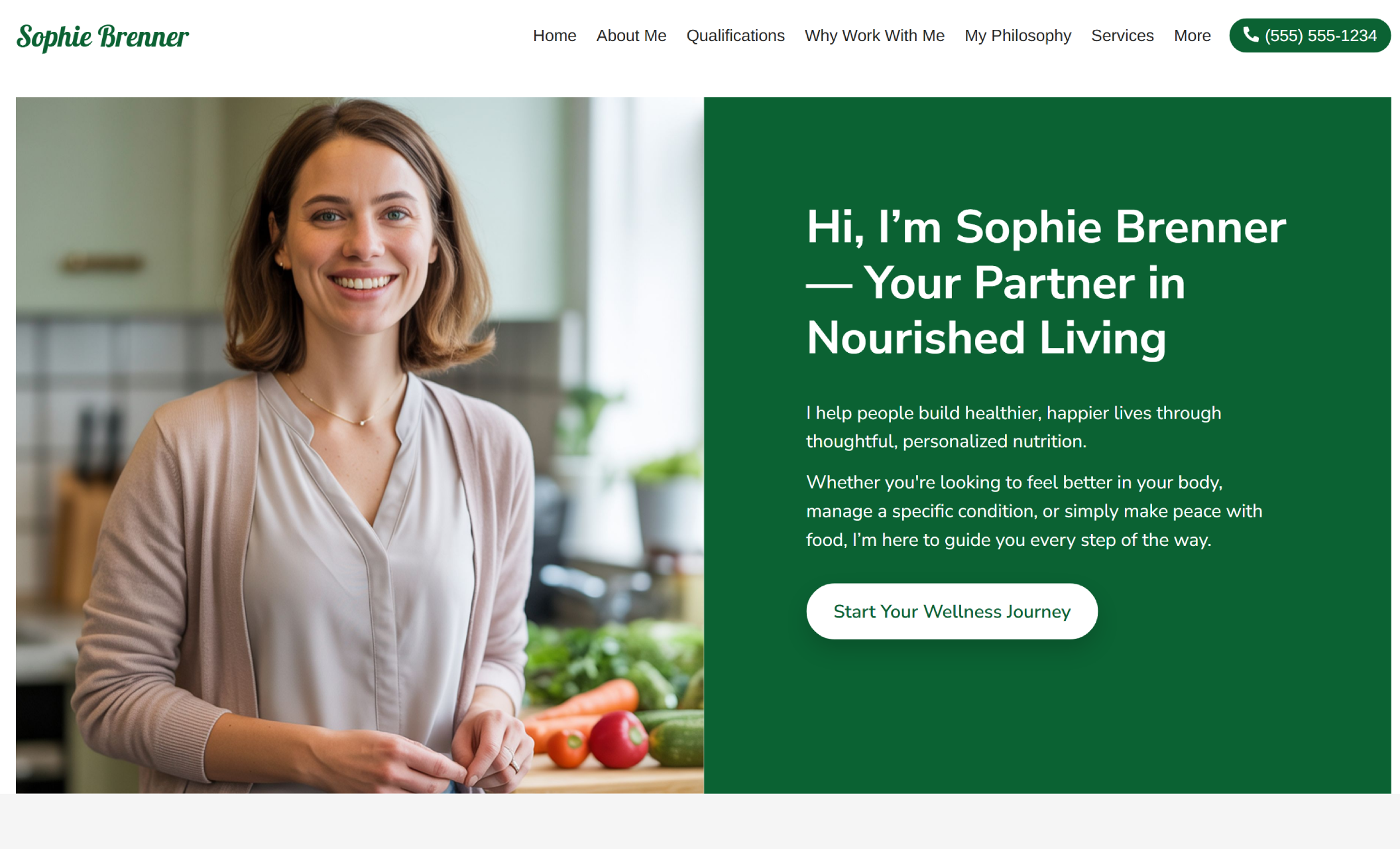 Sophie Brenner homepage featuring a smiling woman in a light cardigan standing in a kitchen with fresh vegetables, next to a green background and a welcoming message that reads “Hi, I’m Sophie Brenner — Your Partner in Nourished Living” with a “Start Your Wellness Journey” button