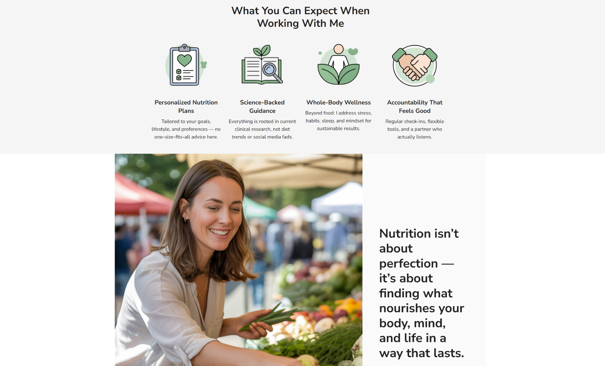 “What You Can Expect When Working With Me” section featuring four illustrated icons labeled Personalized Nutrition Plans, Science-Backed Guidance, Whole-Body Wellness, and Accountability That Feels Good, followed by a photo of Sophie shopping for fresh produce at an outdoor market