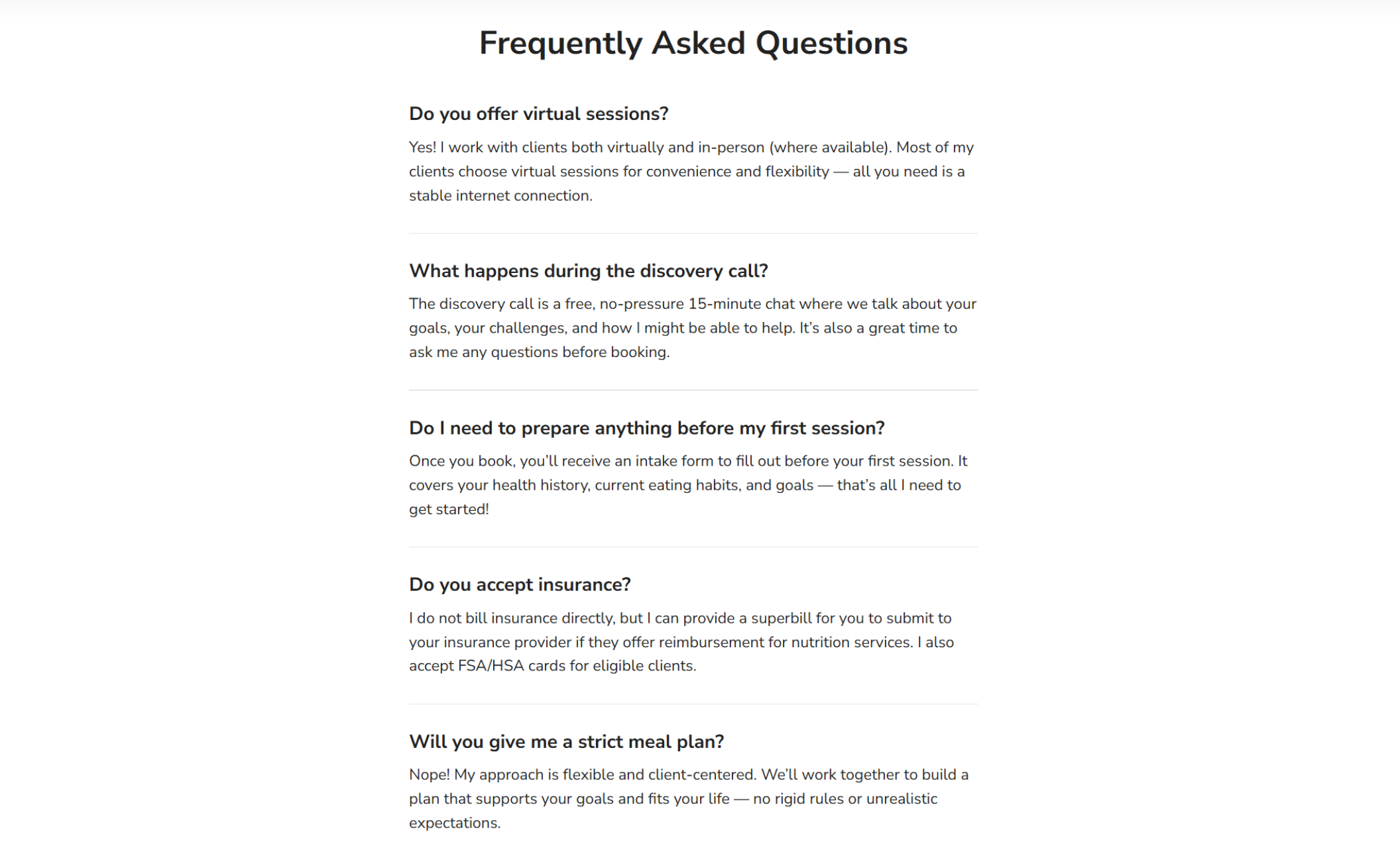 Frequently Asked Questions section displaying five clearly formatted questions and answers addressing virtual sessions, discovery calls, session prep, insurance, and meal plans, designed to ease client concerns