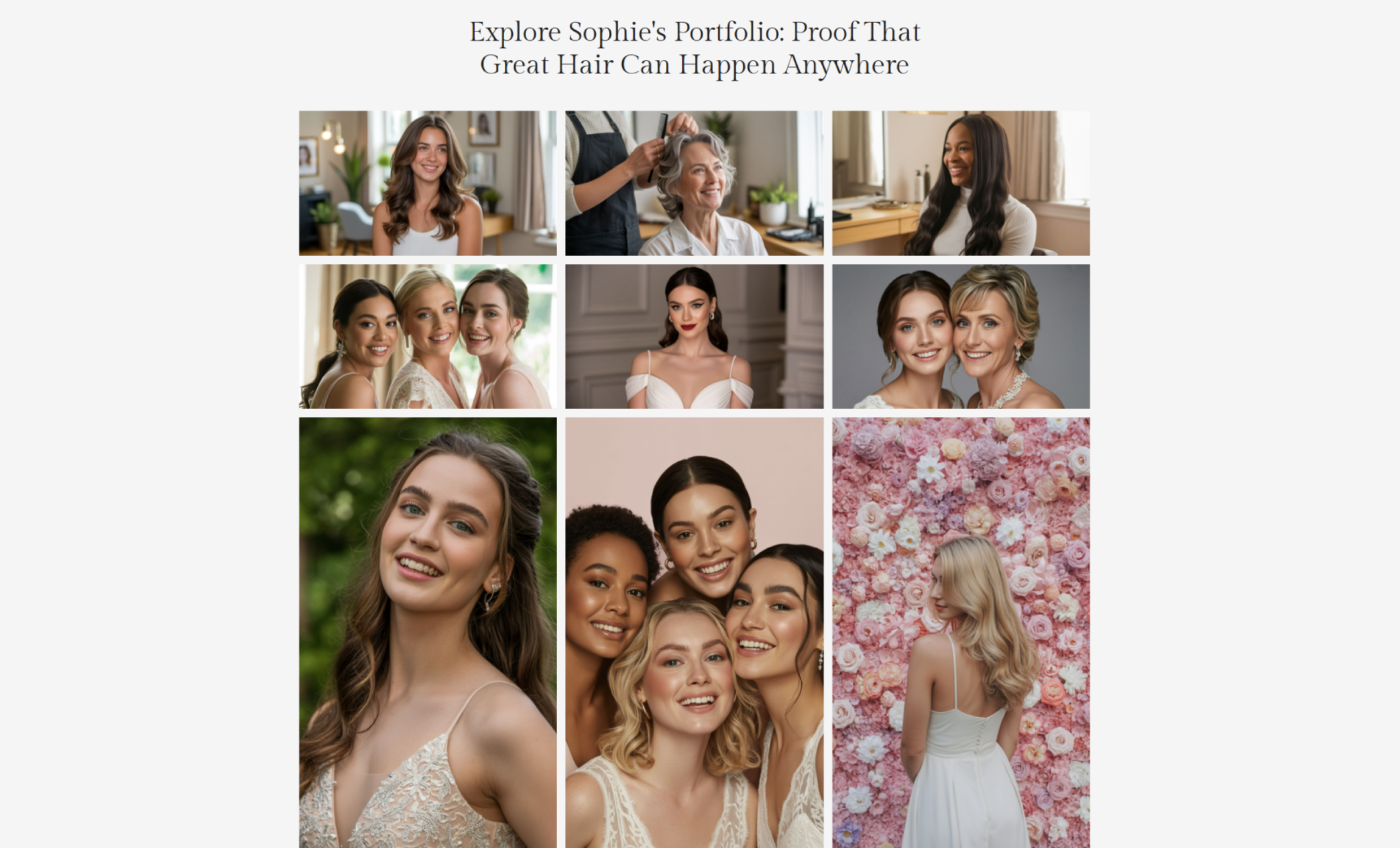 Gallery section from Sophie’s Hair Services showcasing diverse clients with styled waves, updos, and bridal looks beneath the headline “Explore Sophie’s Portfolio: Proof That Great Hair Can Happen Anywhere.”