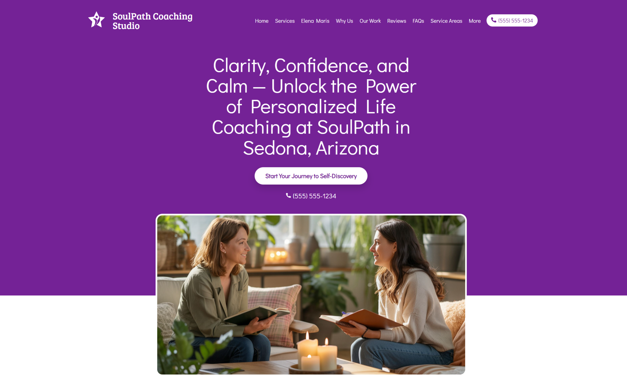 SoulPath Coaching Studio homepage featuring two women smiling in conversation beside glowing candles, under the headline “Clarity, Confidence, and Calm — Unlock the Power of Personalized Life Coaching at SoulPath in Sedona, Arizona.”