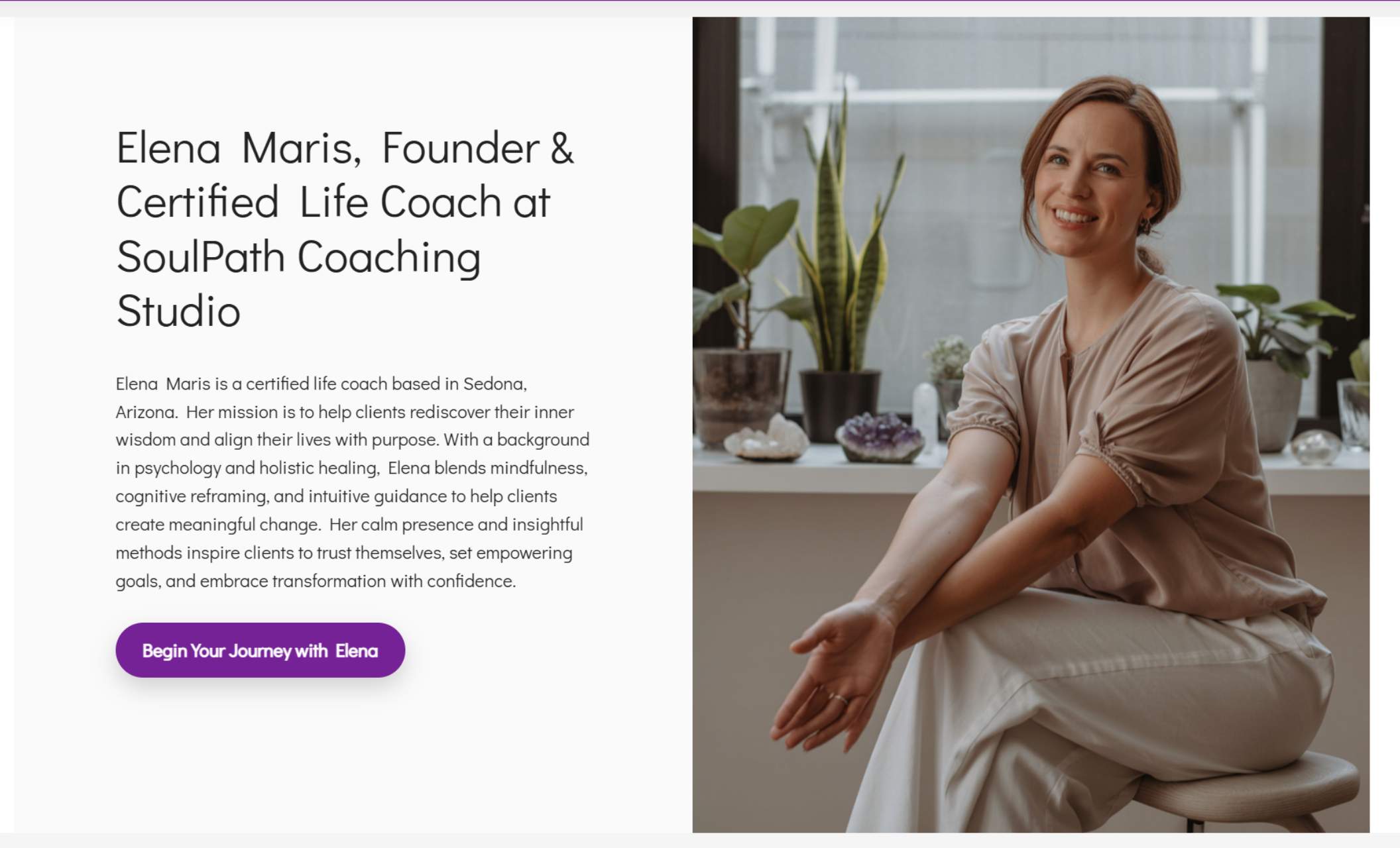 SoulPath Coaching Studio about section featuring founder Elena Maris smiling warmly in a soft beige outfit beside the headline “Elena Maris, Founder & Certified Life Coach at SoulPath Coaching Studio.”