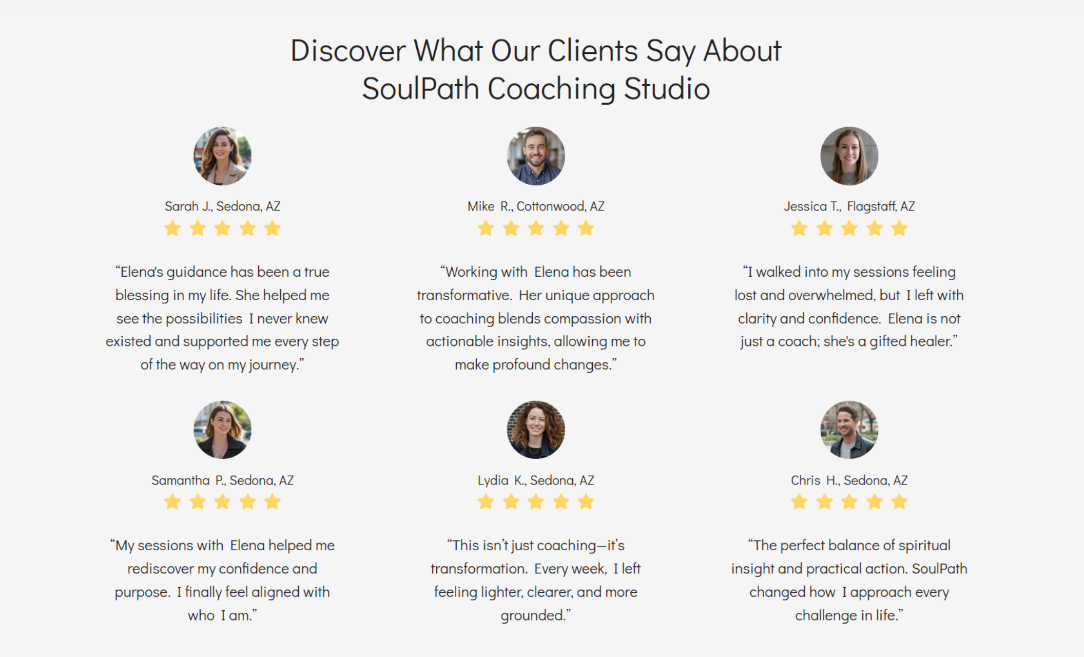 SoulPath Coaching Studio testimonials section showing six client reviews with star ratings and profile photos under the headline “Discover What Our Clients Say About SoulPath Coaching Studio.”