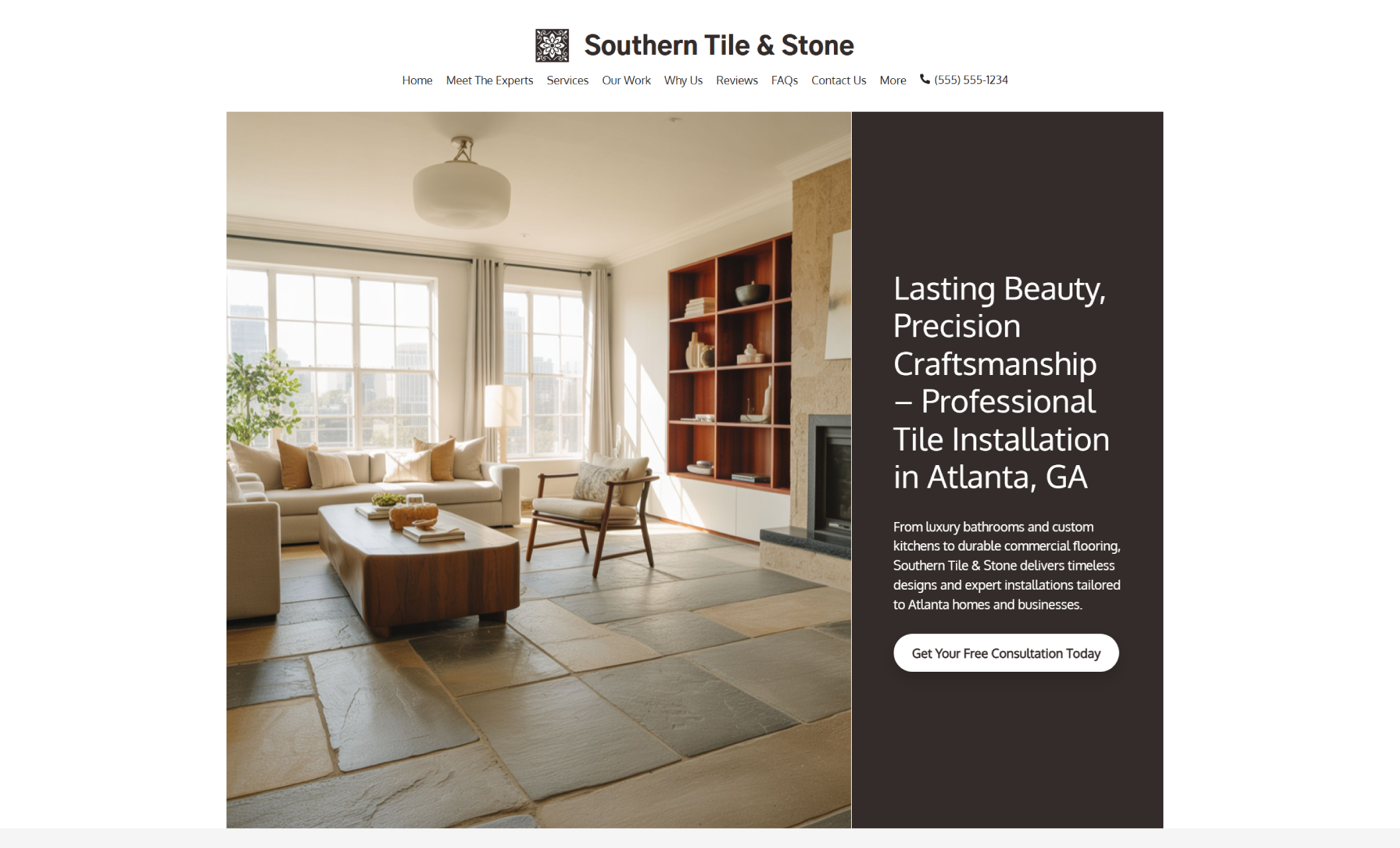 Southern Tile & Stone homepage showcasing a living room with rustic stone tile flooring, modern furniture, and a dark brown text block reading “Professional Tile Installation in Atlanta, GA.”