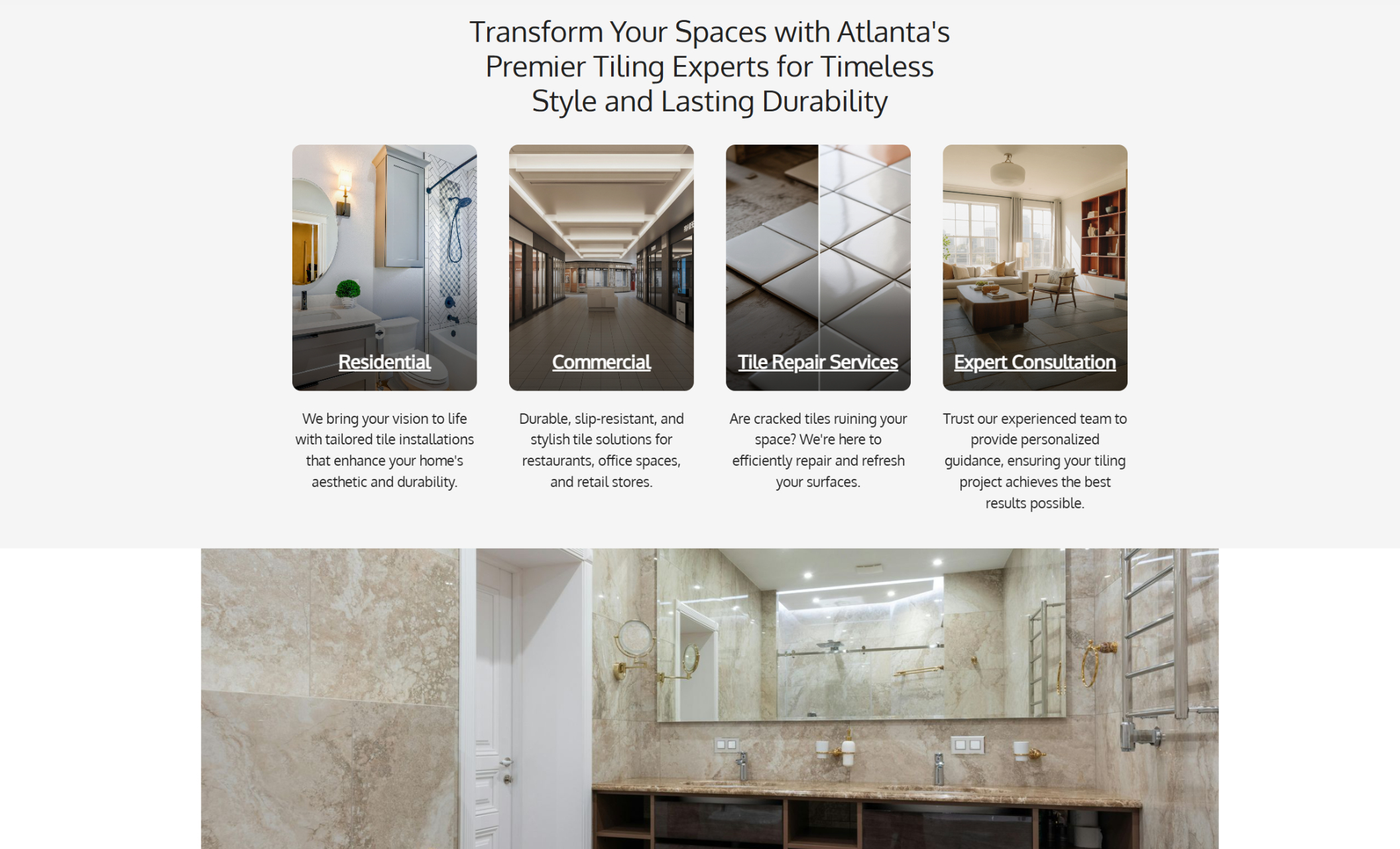 Southern Tile & Stone services section displaying four service cards for Residential, Commercial, Tile Repair Services, and Expert Consultation, each paired with an image and short descriptive text