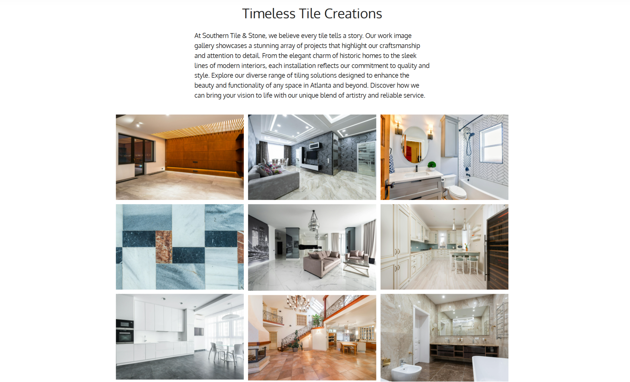 Southern Tile & Stone gallery page with a grid of twelve project images showing bathrooms, kitchens, and custom interiors, paired with text titled “Timeless Tile Creations” that describes their craftsmanship and design style