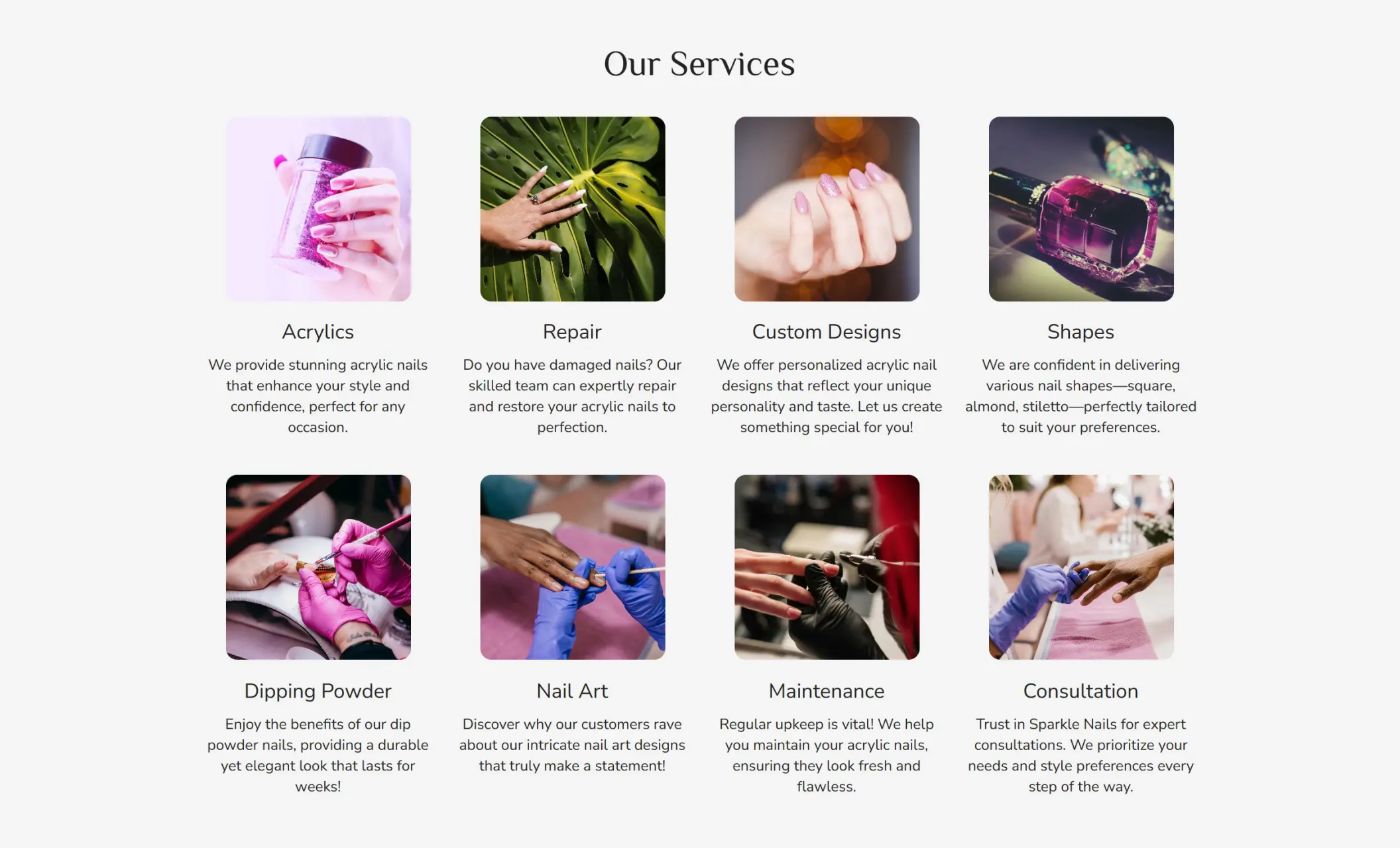 Sparkle Nails' website section displaying available services, including acrylics, repair, custom designs, shapes, dipping powder, nail art, maintenance, and consultation