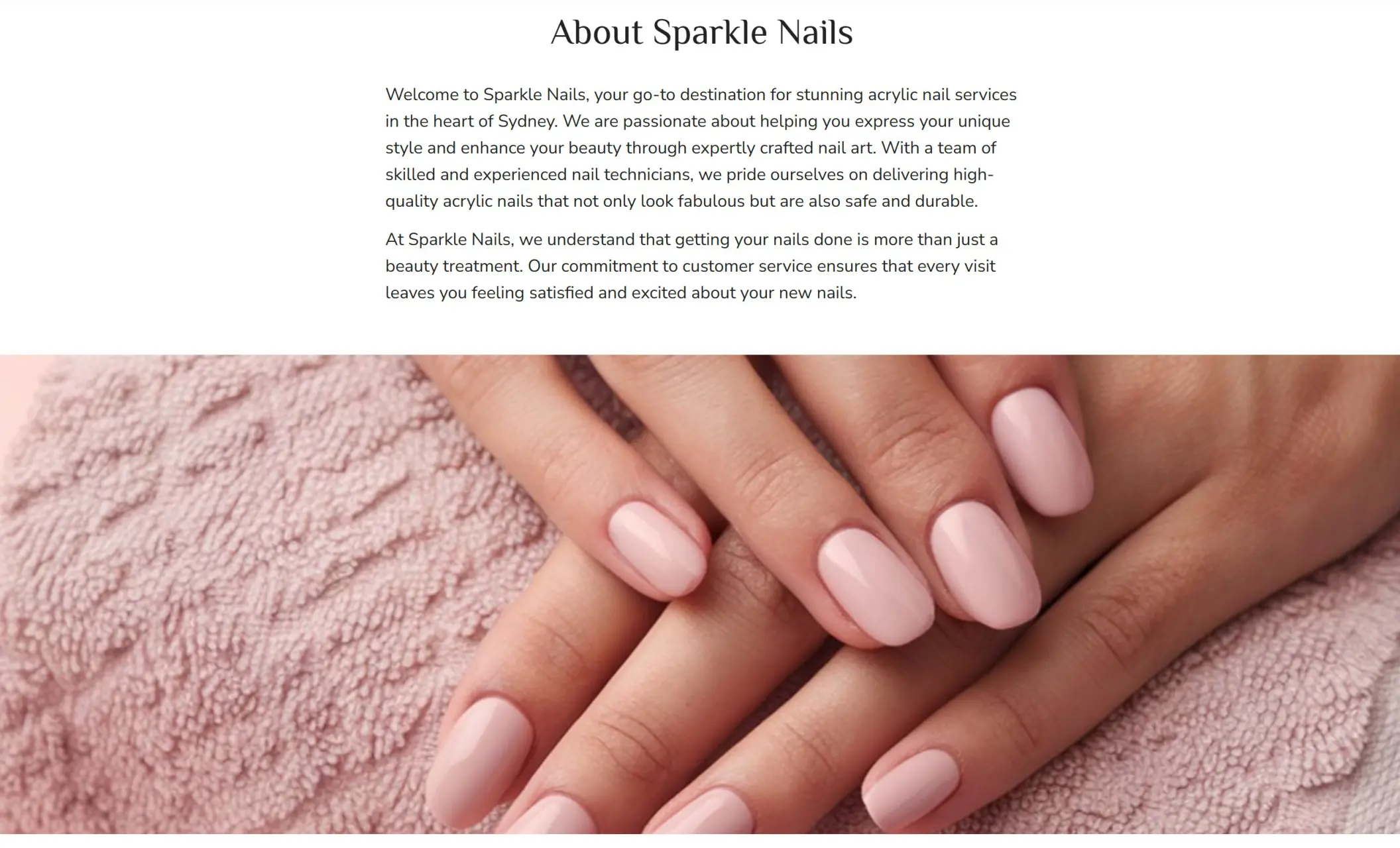 Sparkle Nails' website displaying an "About Sparkle Nails" section, and an image of a delicate hand with pink nails