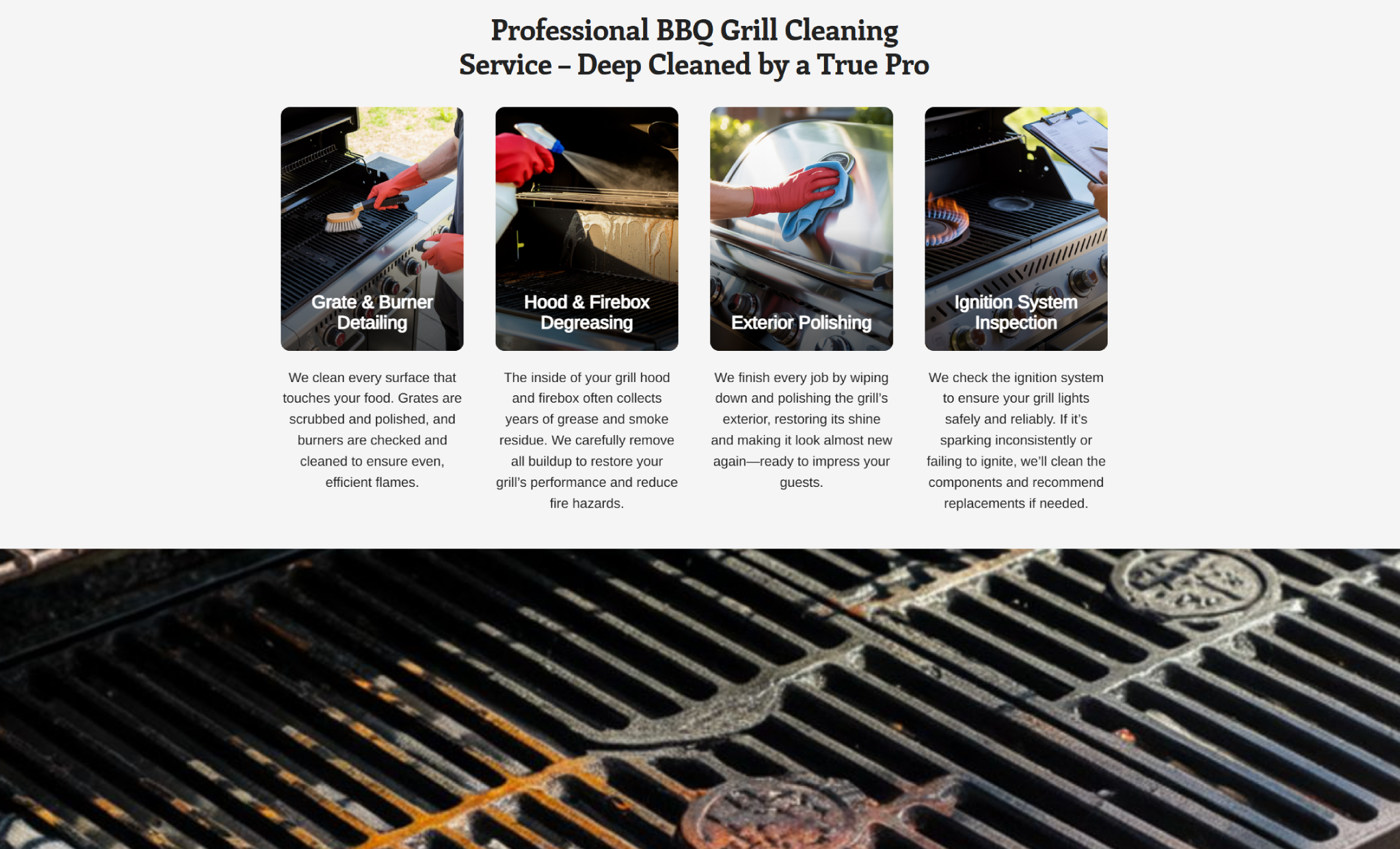 Four cards under the headline “Professional BBQ Grill Cleaning Service – Deep Cleaned by a True Pro,” showing photos of cleaning actions like brushing grates, wiping exteriors, and inspecting ignition systems