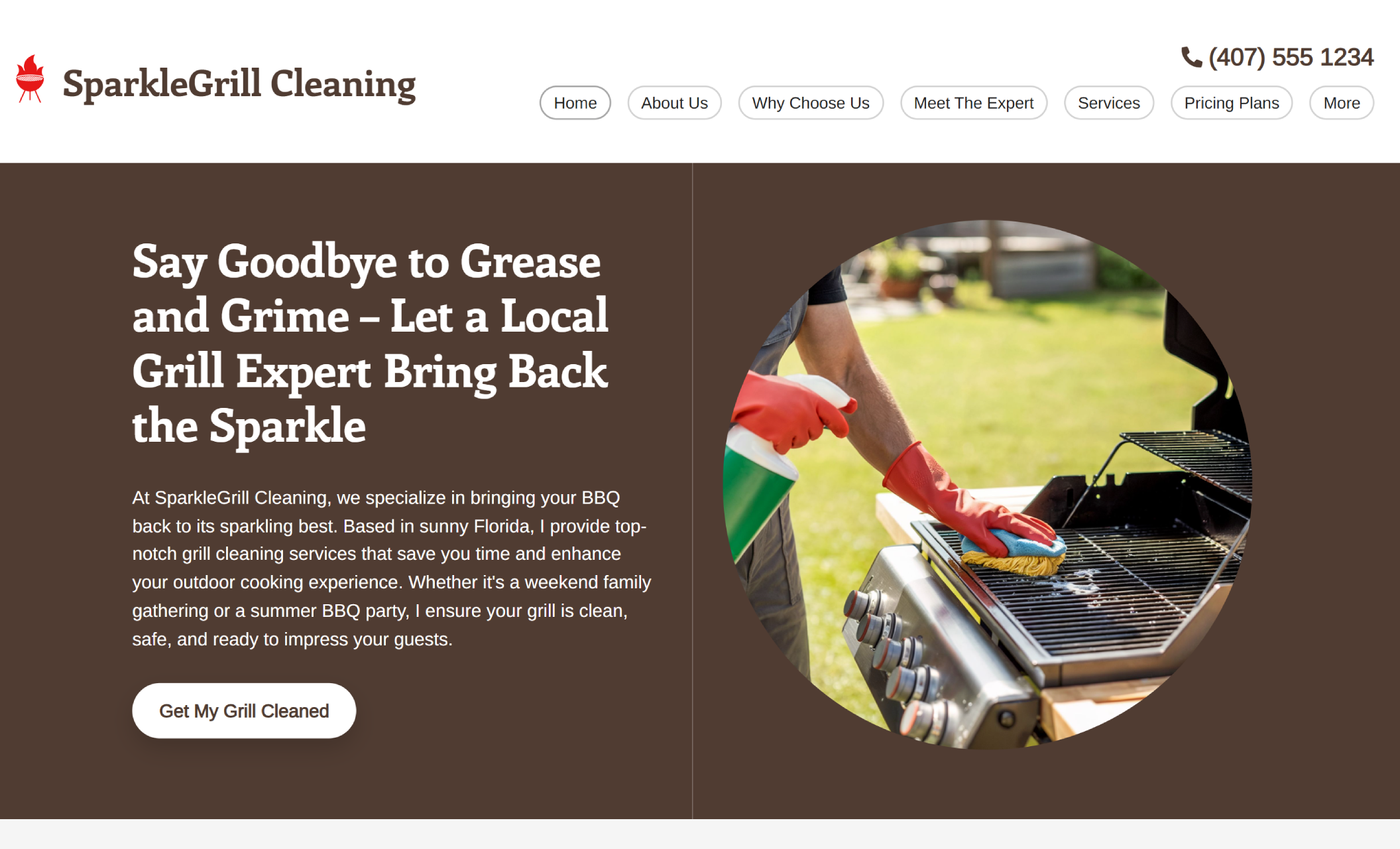SparkleGrill Cleaning homepage featuring a man in red gloves polishing a shiny outdoor grill, with a friendly headline that reads “Say Goodbye to Grease and Grime – Let a Local Grill Expert Bring Back the Sparkle” and a round portrait cutout