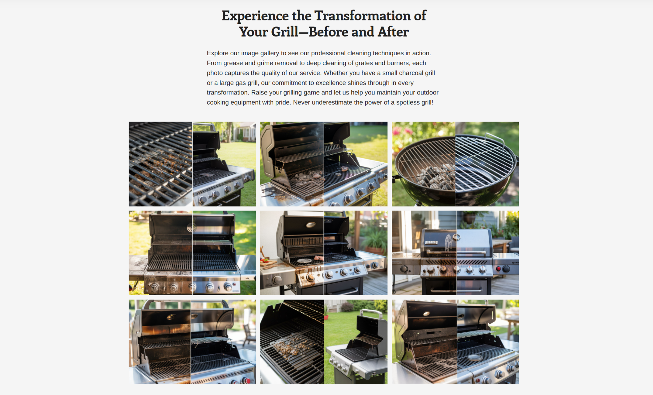 Tiled grid of grills showing dramatic transformations from dirty and greasy to polished and spotless, highlighting the visual difference professional cleaning makes