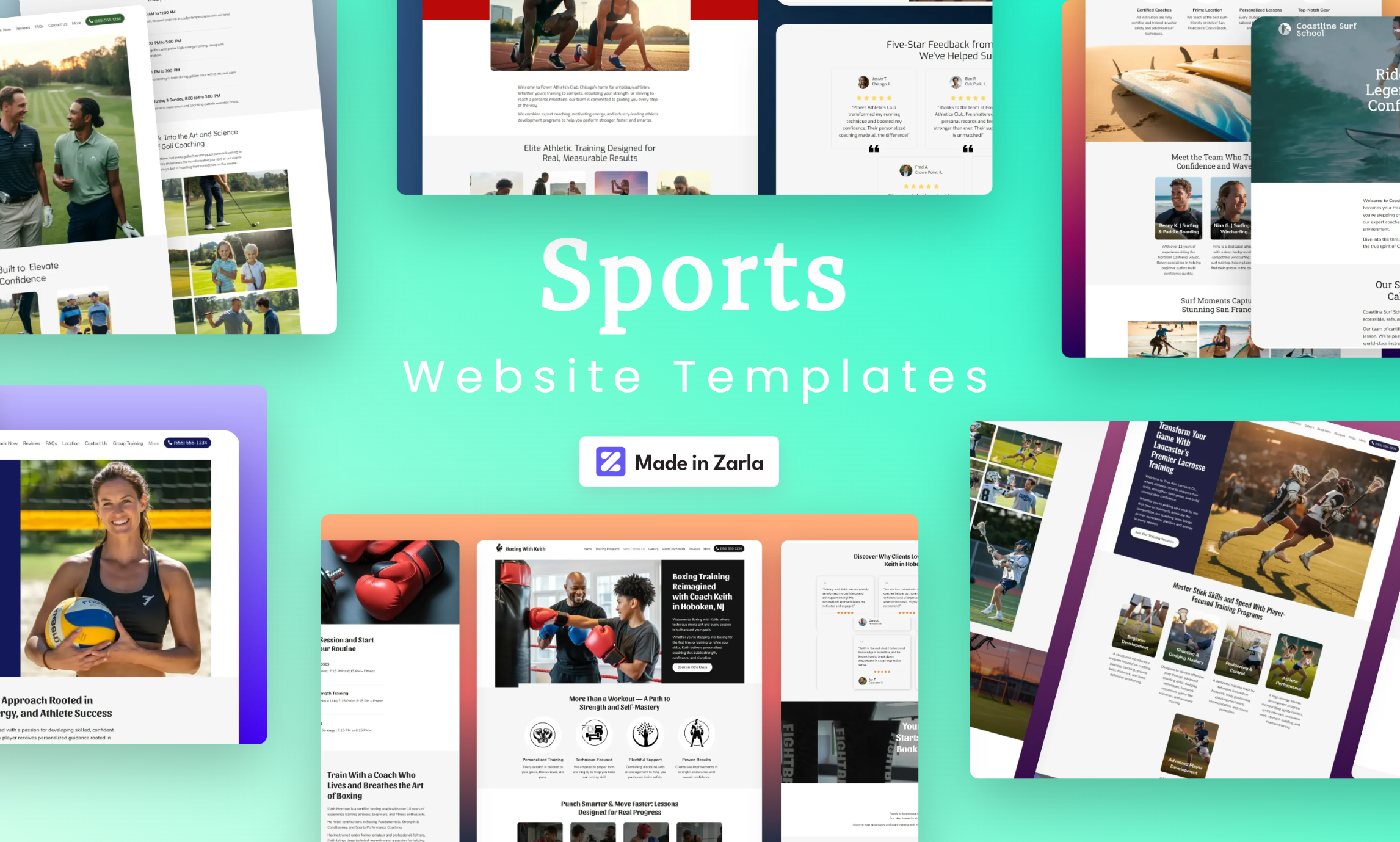 Collection of sports website templates created with Zarla