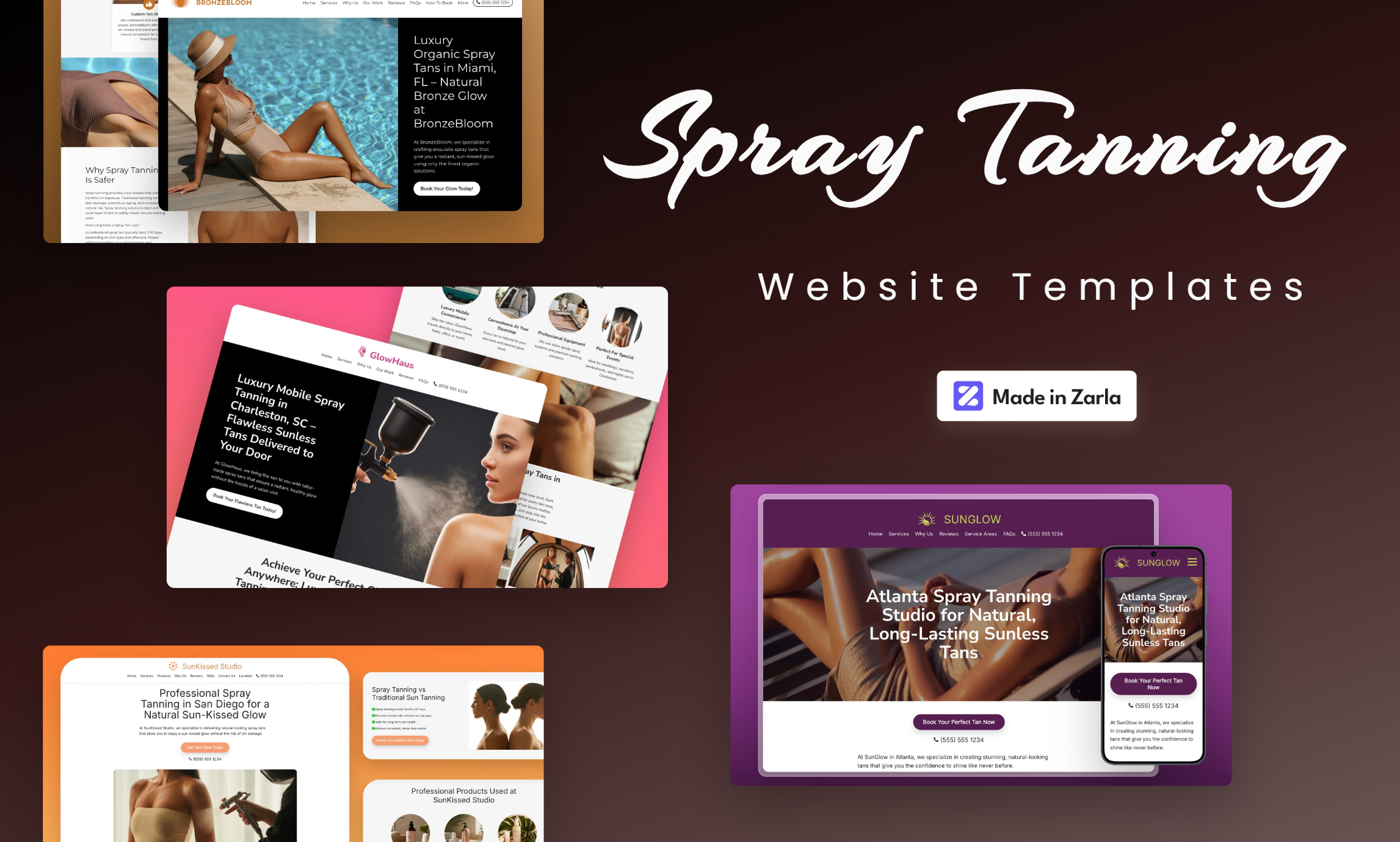 Collection of spray tanning website templates created with Zarlaz