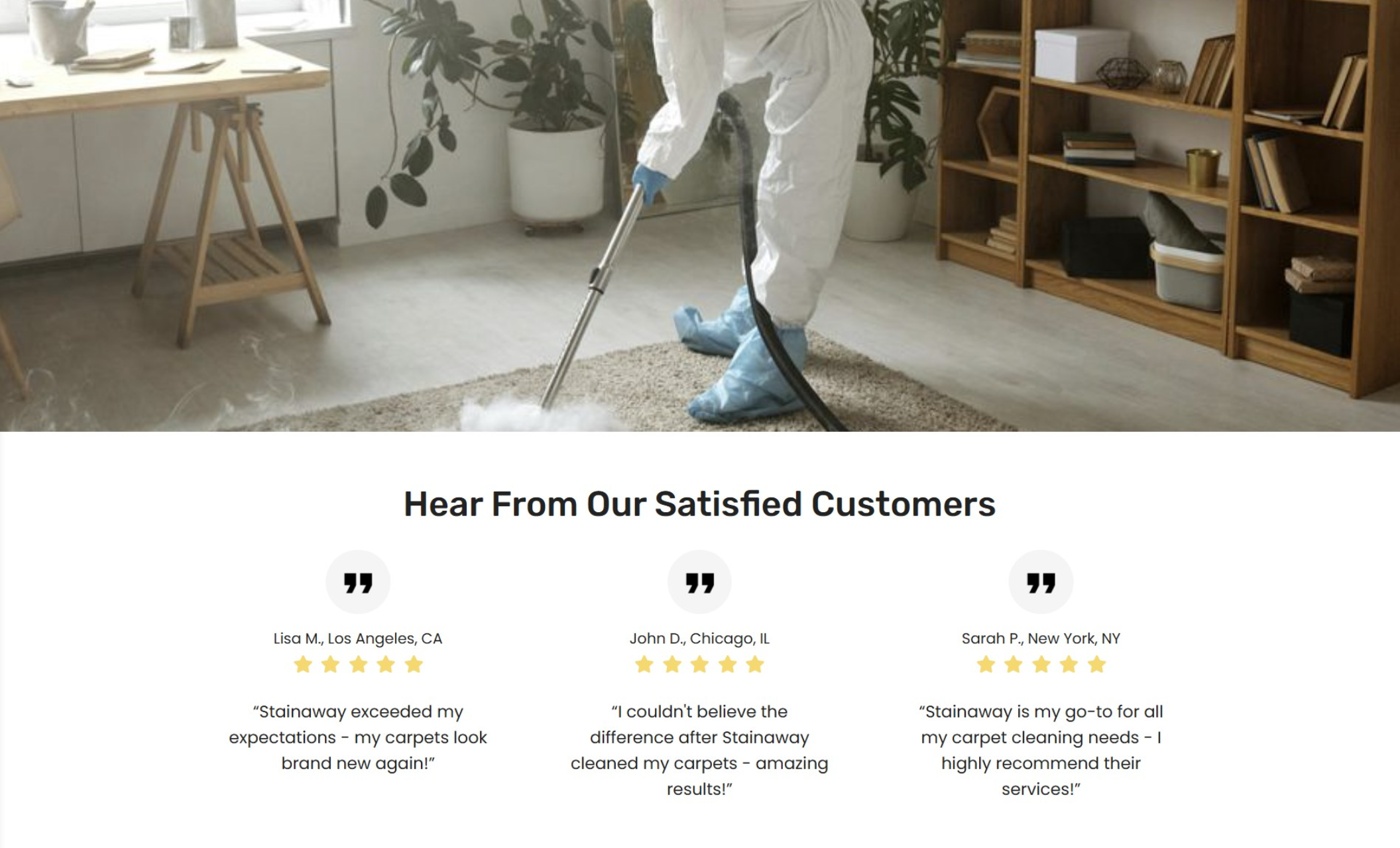 Customer testimonials section showing three 5-star reviews below an image of a person in protective gear steam cleaning a carpet in a modern home office