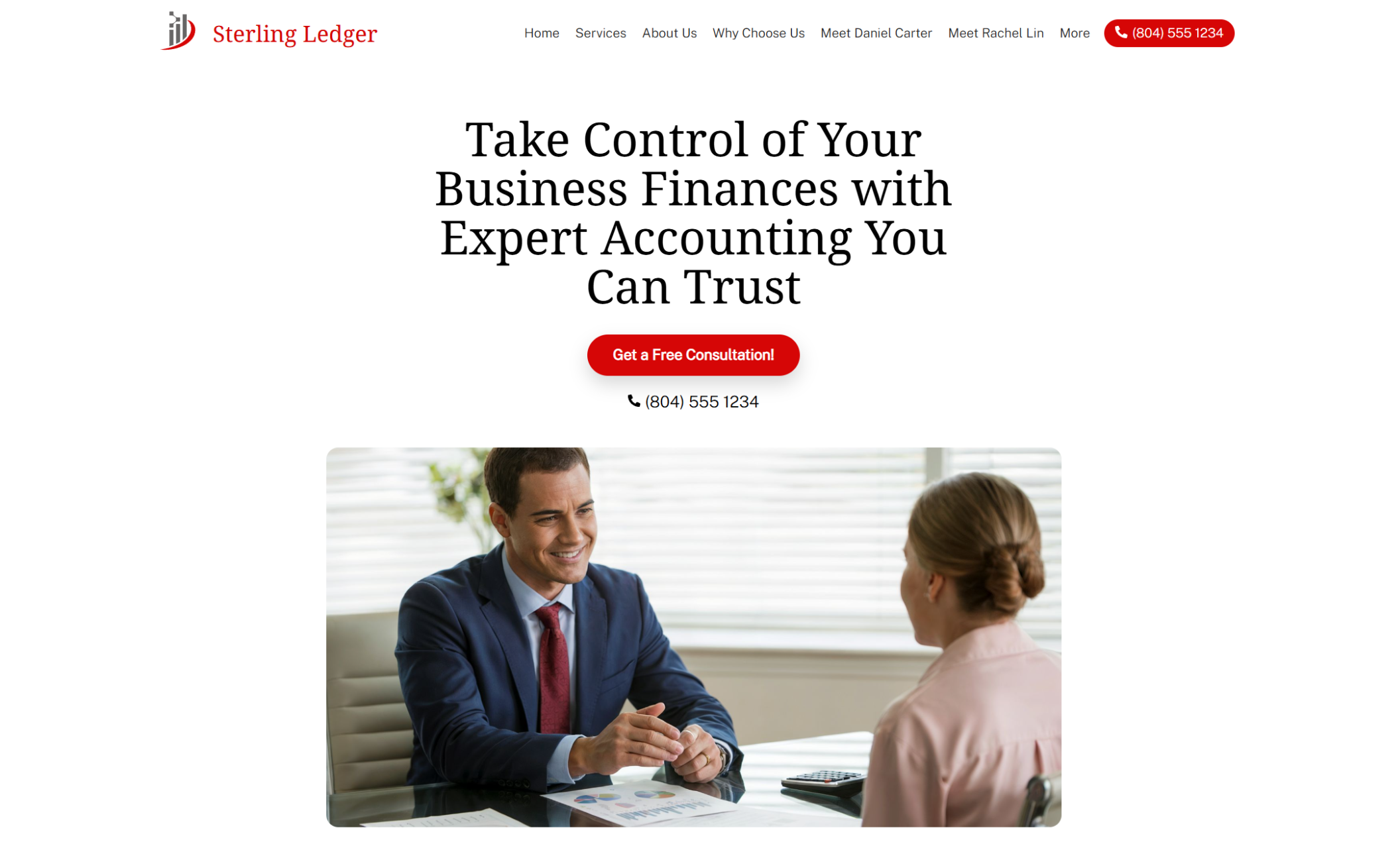 Sterling Ledger homepage featuring the headline “Take Control of Your Business Finances with Expert Accounting You Can Trust,” alongside a friendly image of a smiling accountant in a navy suit speaking with a client across a desk with printed charts
