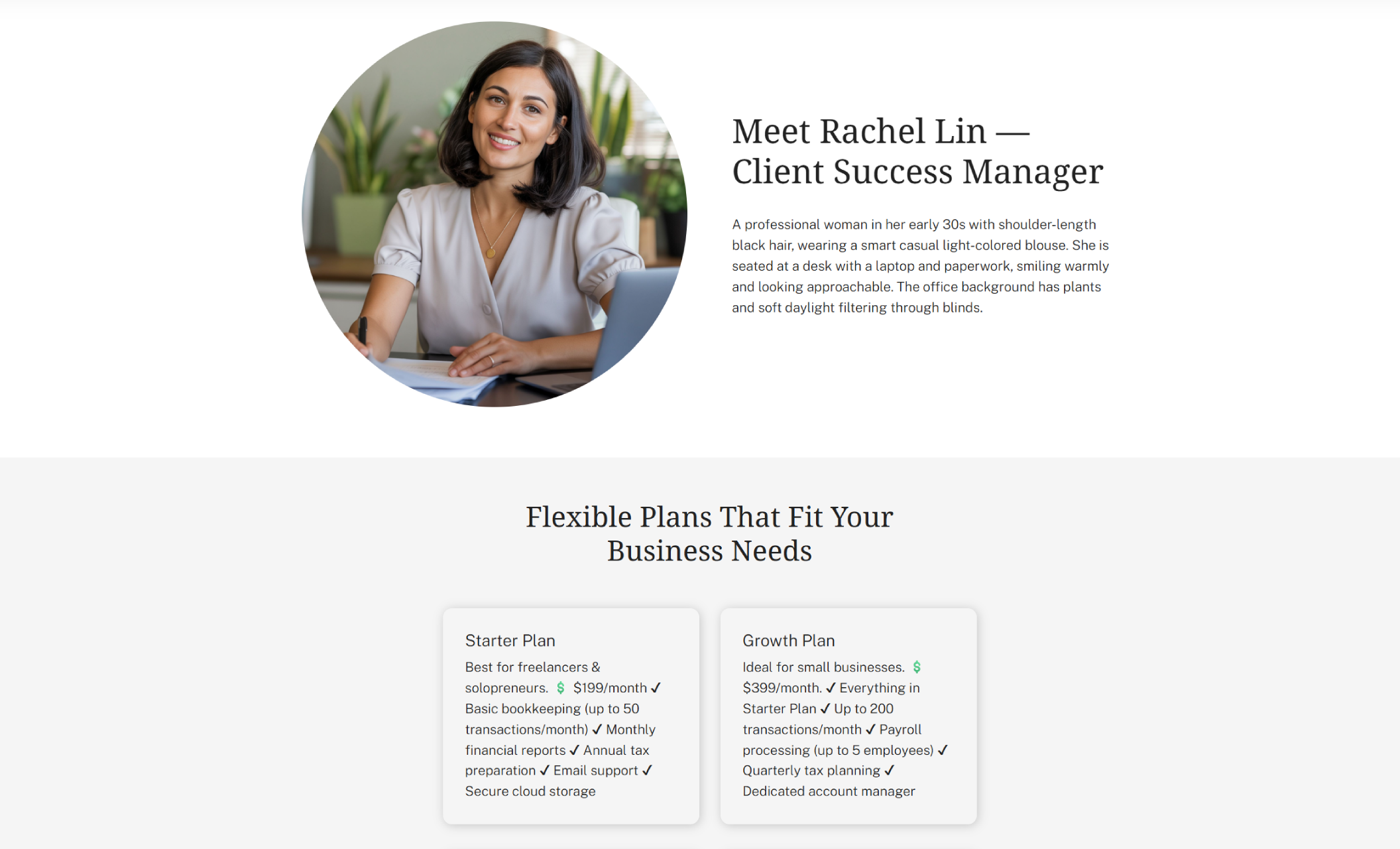 “Meet Rachel Lin — Client Success Manager” section with a circular portrait of a smiling woman in her early 30s wearing a light blouse, seated at a desk with paperwork and a laptop, paired with a friendly bio and a soft gray headline below reading “Flexible Plans That Fit Your Business Needs”