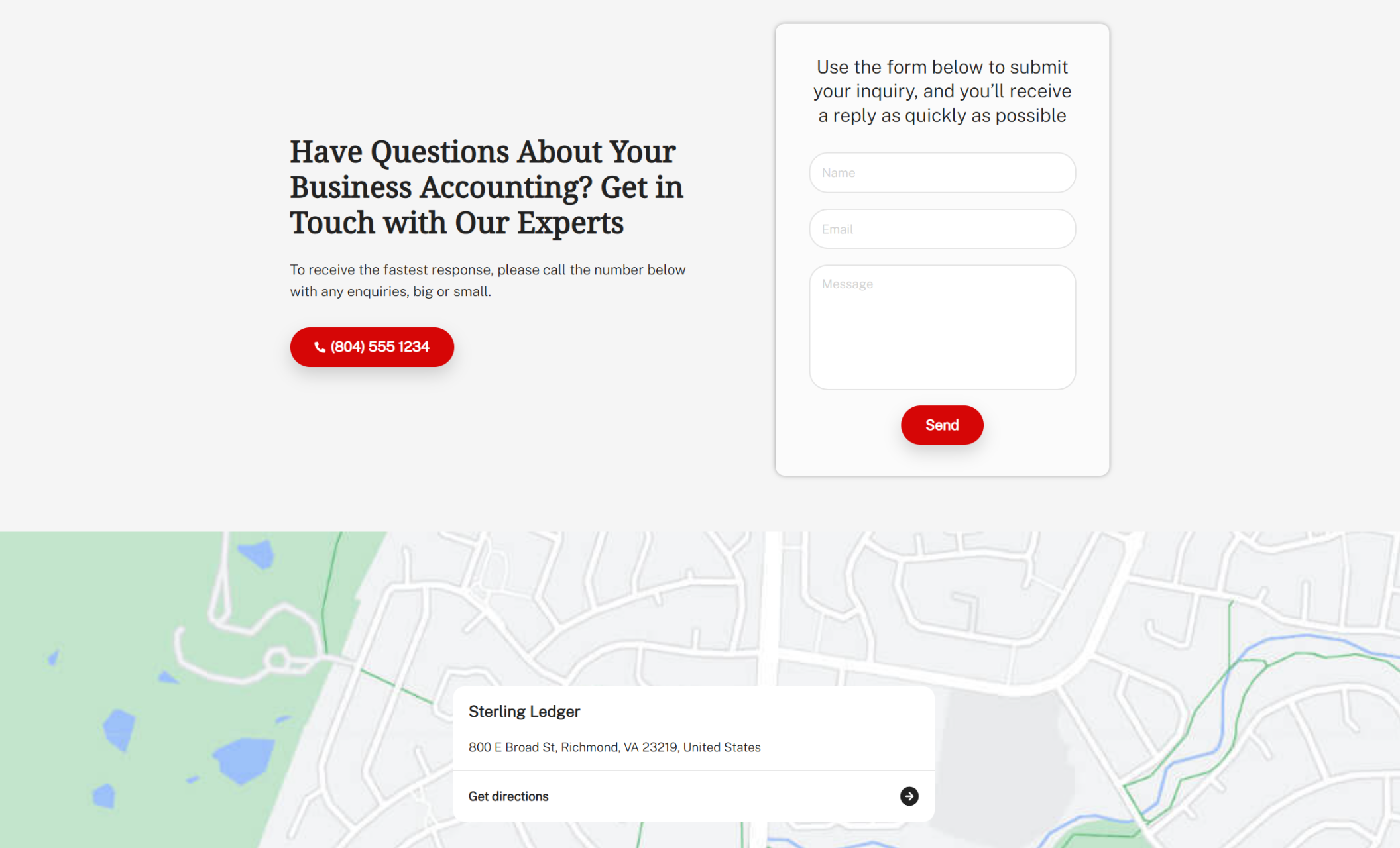 Business contact section showing a red phone button labeled “(804) 555 1234” and a contact form titled “Have Questions About Your Business Accounting?” beside an embedded map of Sterling Ledger’s Richmond, Virginia office location
